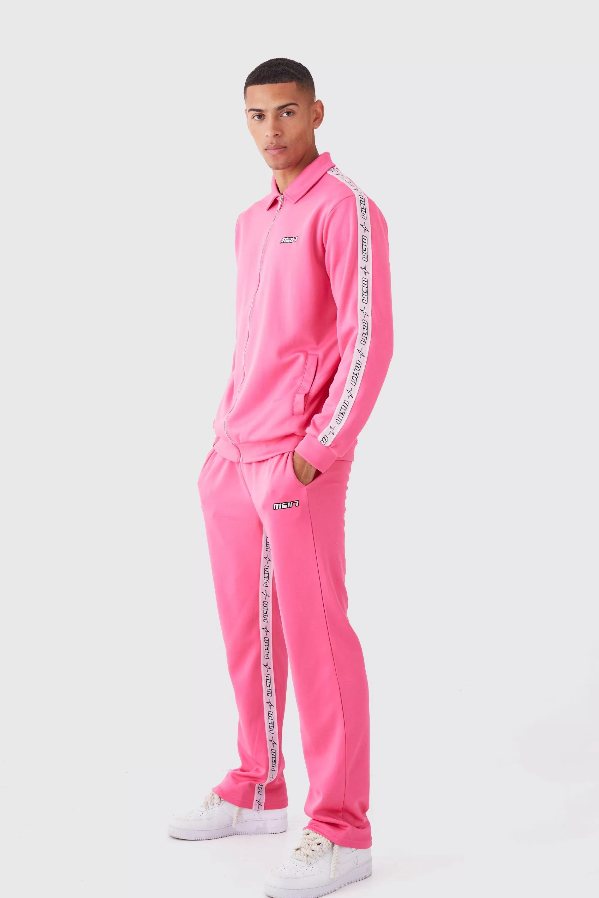 boohooMAN Zip Through Man Tape Tricot Tracksuit | UK