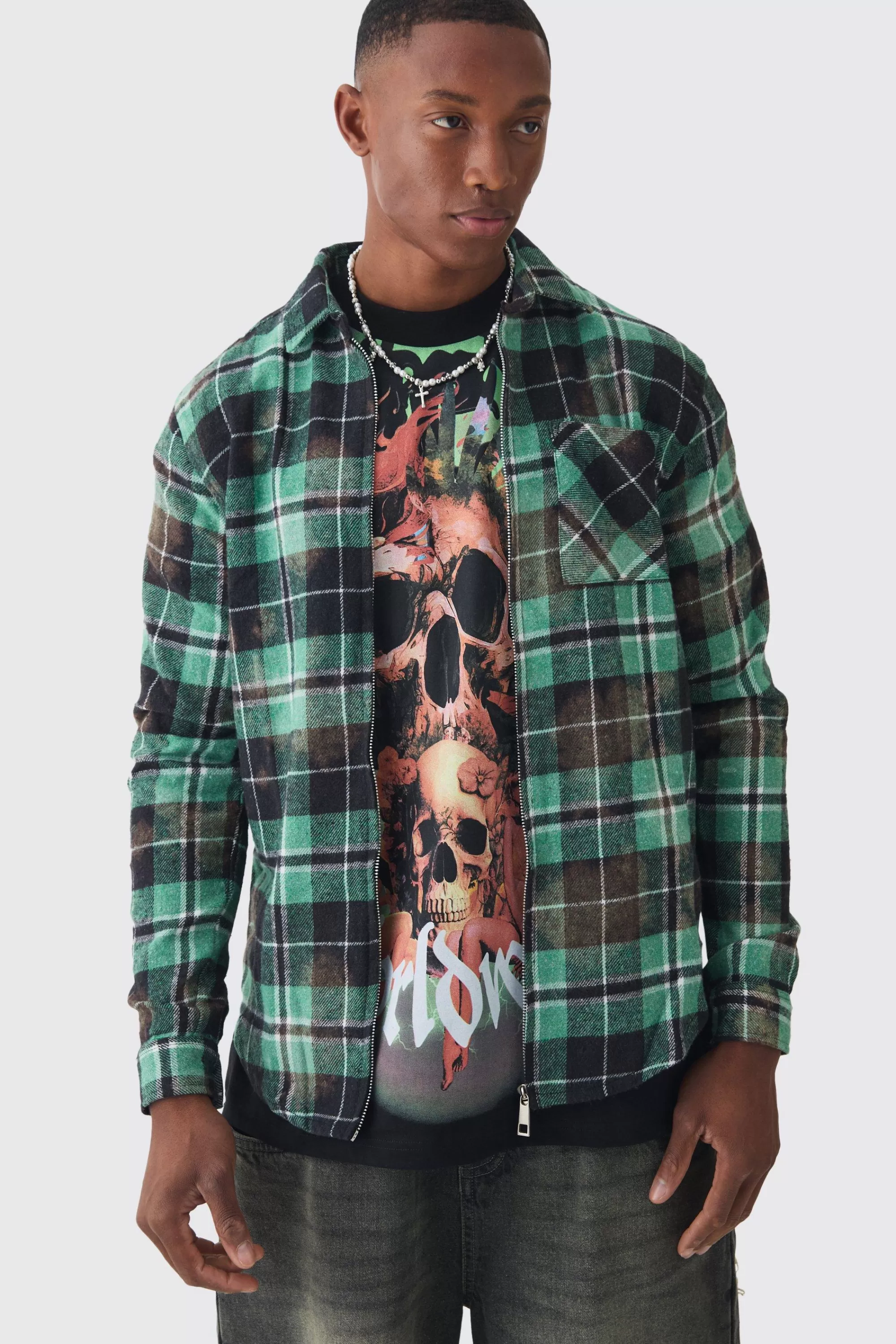 boohooMAN Zip Through Washed Checked Shirt | UK