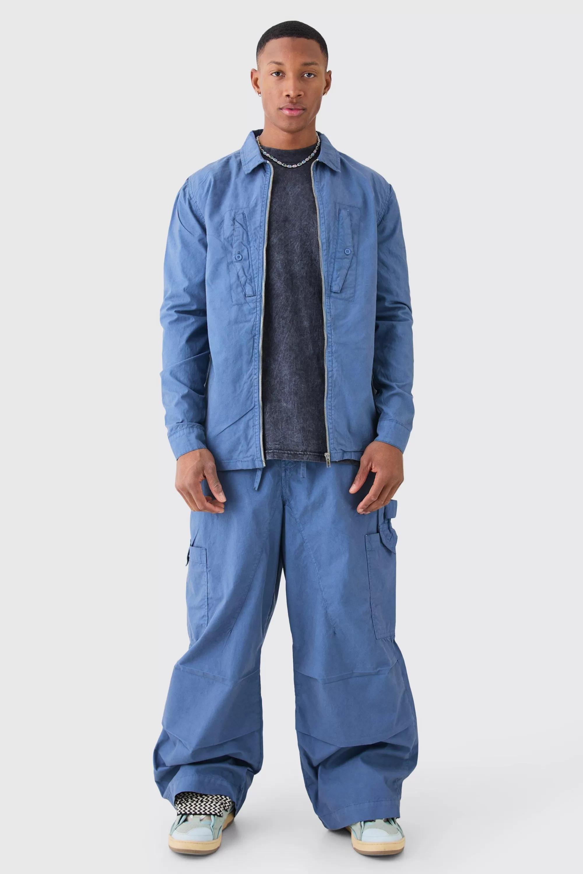 boohooMAN Zip Through Washed Long Sleeve Twill Shirt | UK