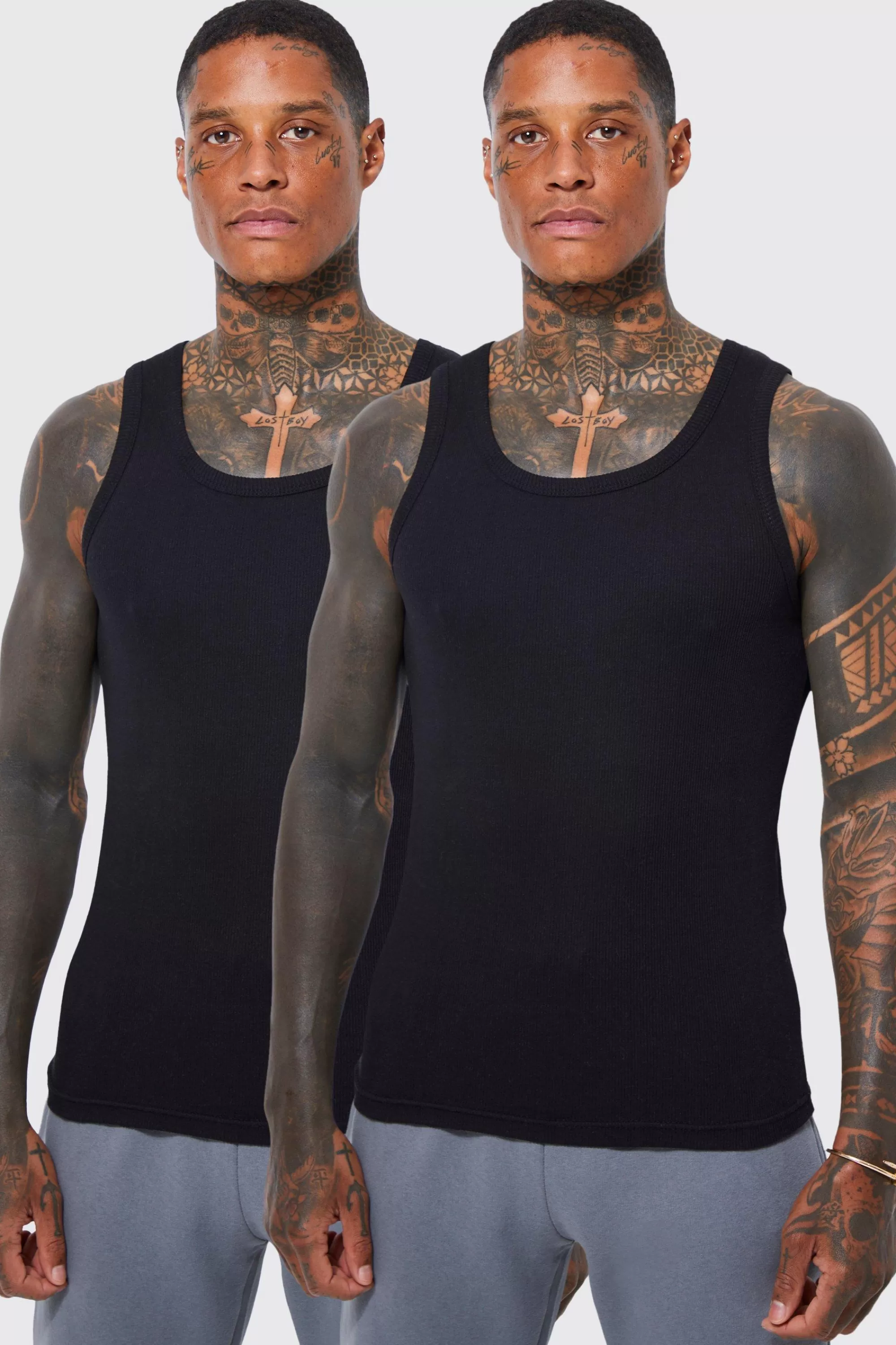 boohooMAN 2 Pack Muscle Fit Ribbed Vest | UK black Hot