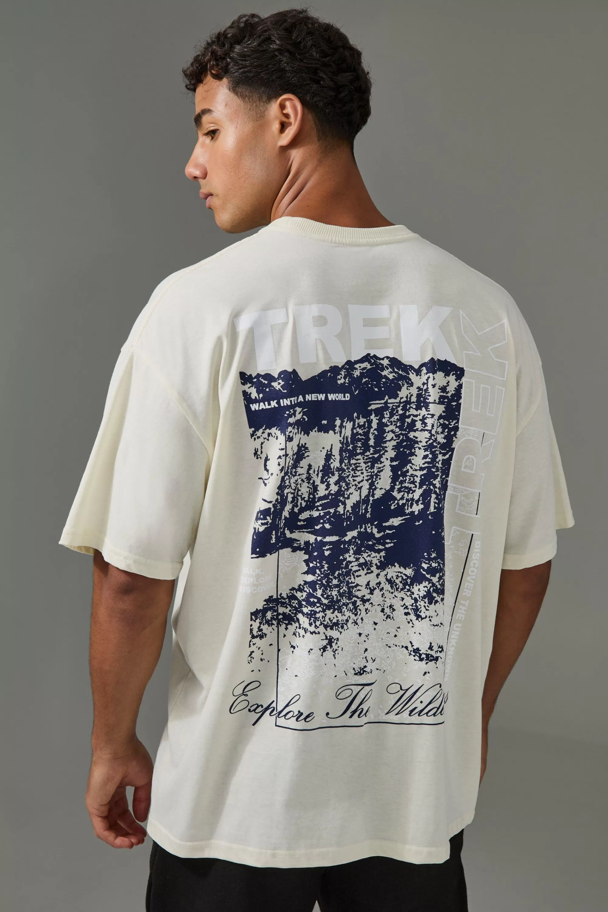 boohooMAN Active Oversized Trek Explore The Wilderness T-shirt | UK ecru Fashion
