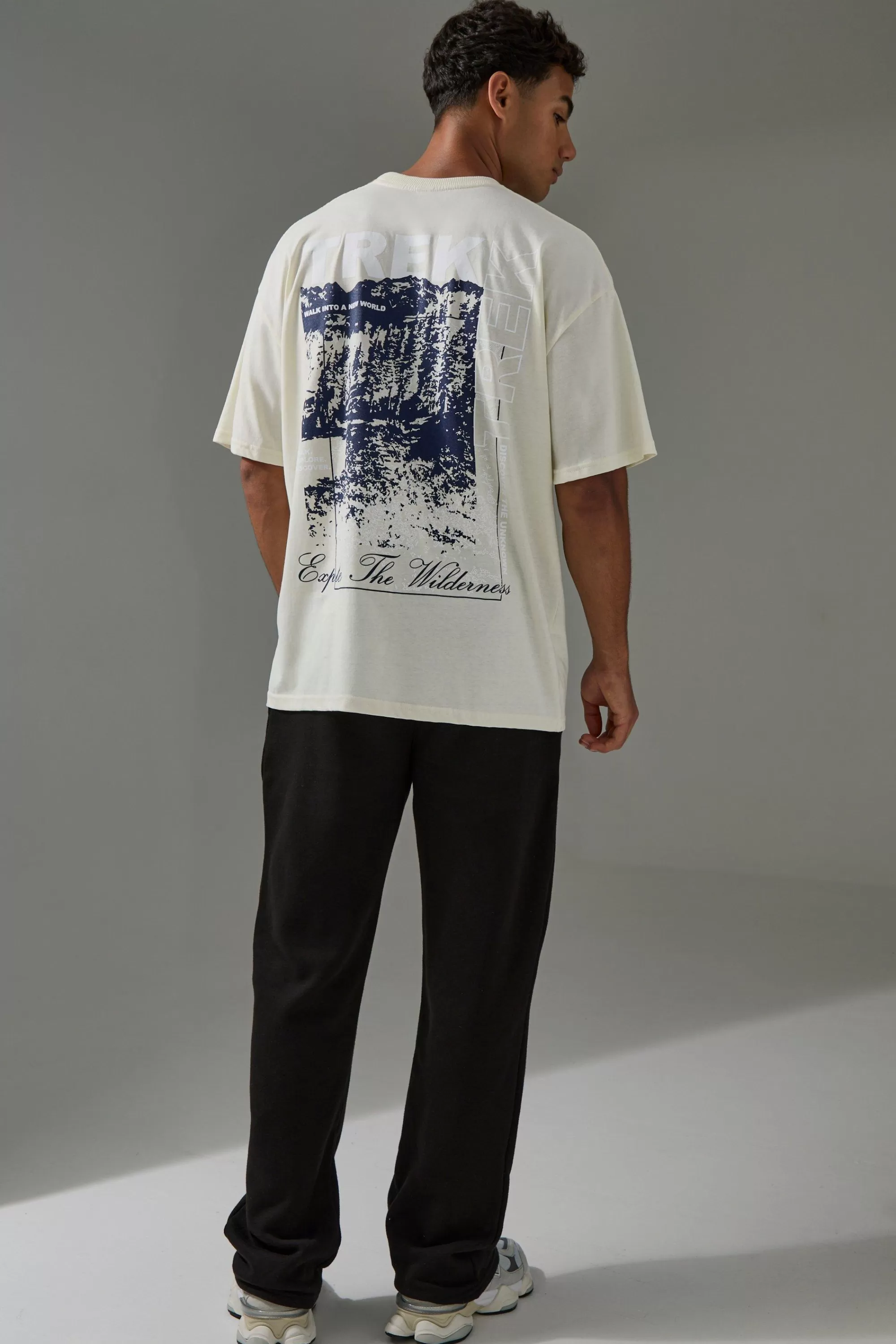 boohooMAN Active Oversized Trek Explore The Wilderness T-shirt | UK ecru Fashion