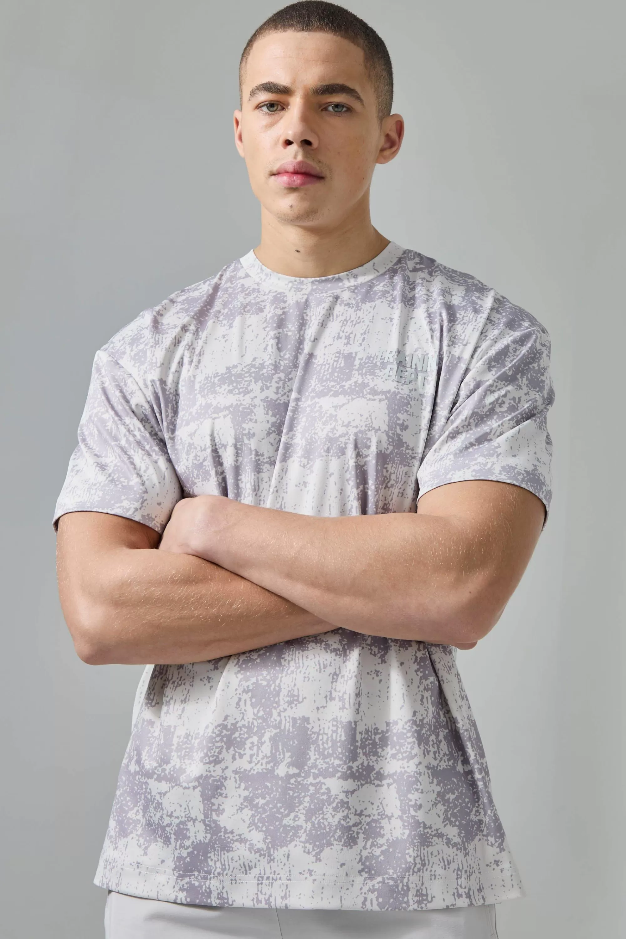boohooMAN Active Training Dept Oversized Camo T-shirt | UK light grey Sale