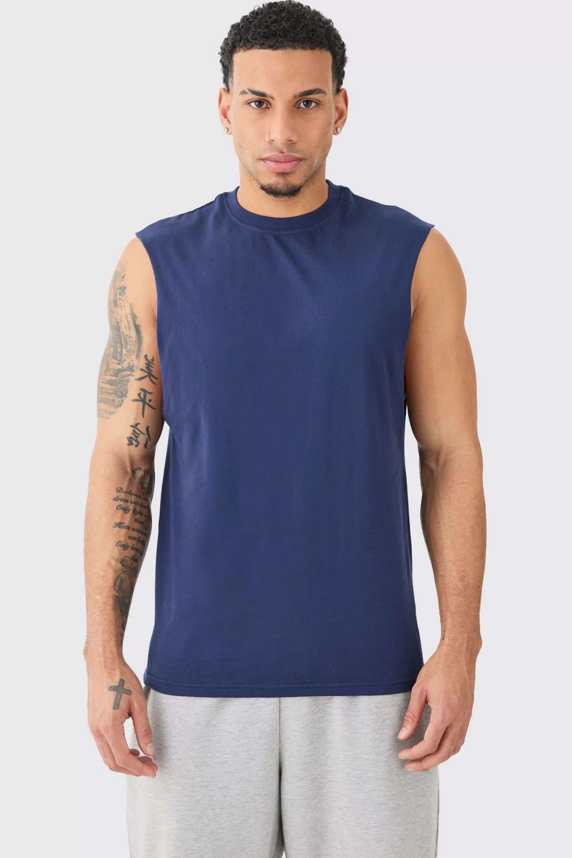 boohooMAN Basic Drop Armhole Tank | UK navy Online