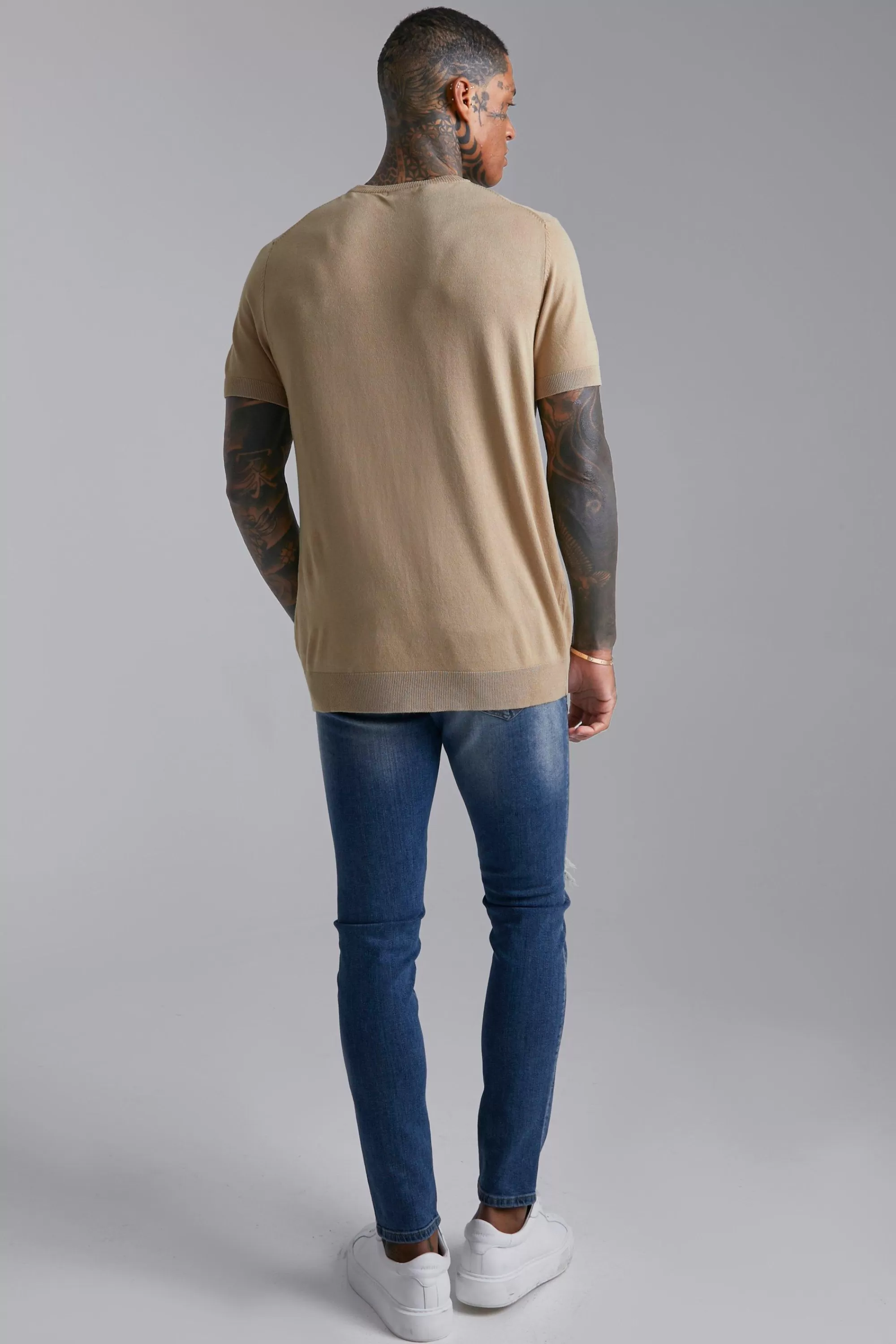 boohooMAN Basic Knitted T-Shirt | UK camel Hot