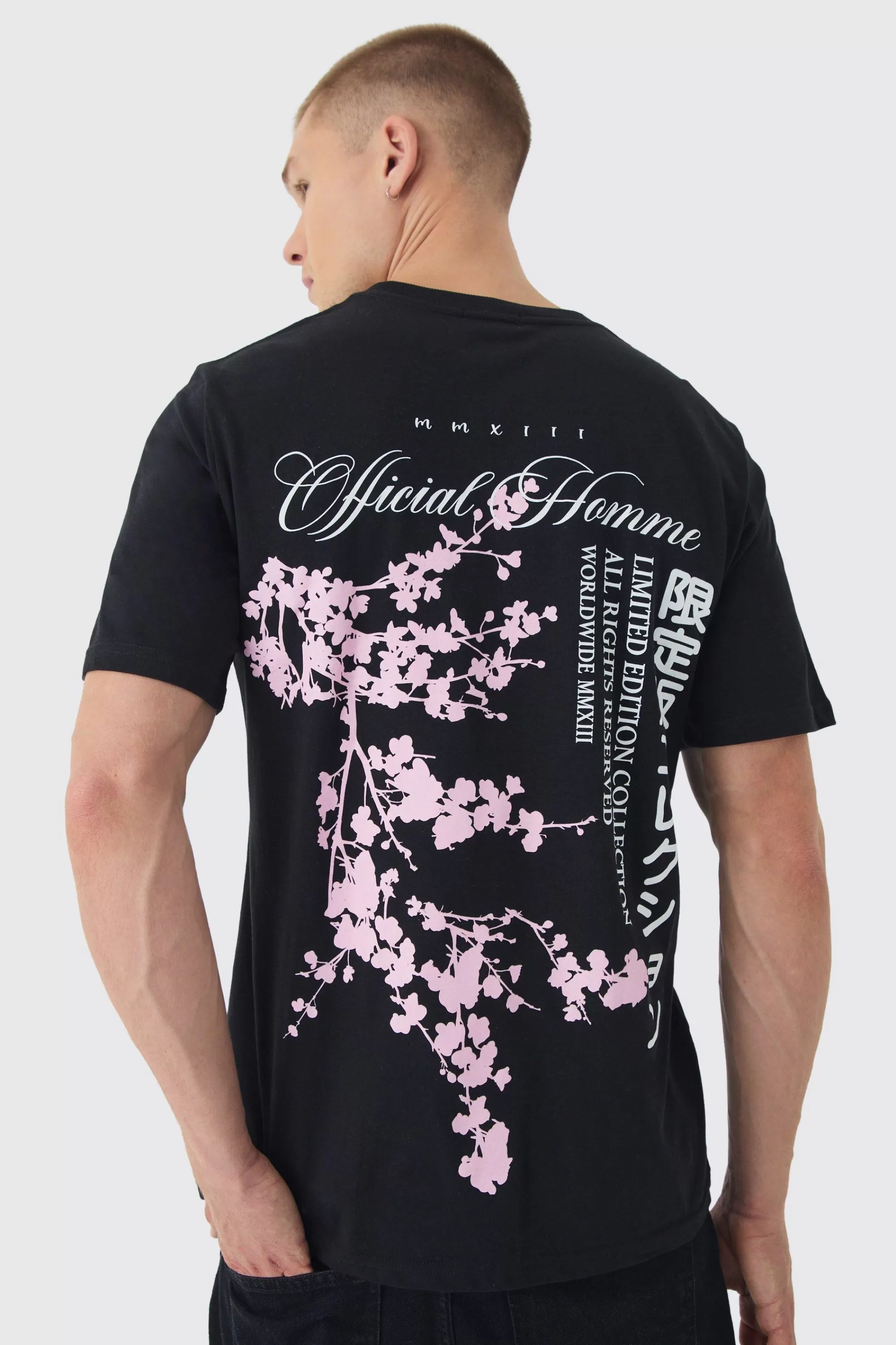 boohooMAN Blossom Back Printed T-Shirt | UK black Fashion