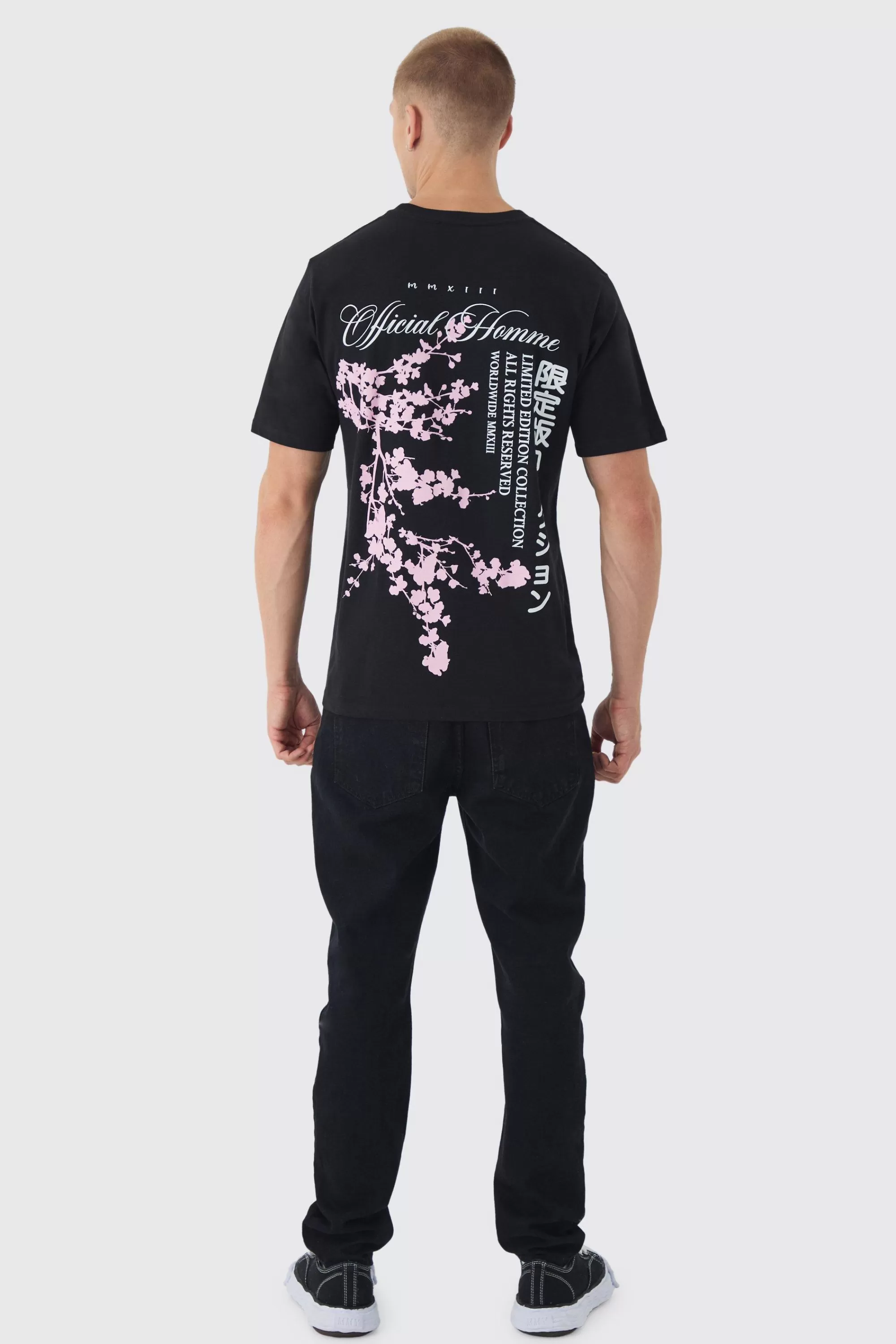 boohooMAN Blossom Back Printed T-Shirt | UK black Fashion