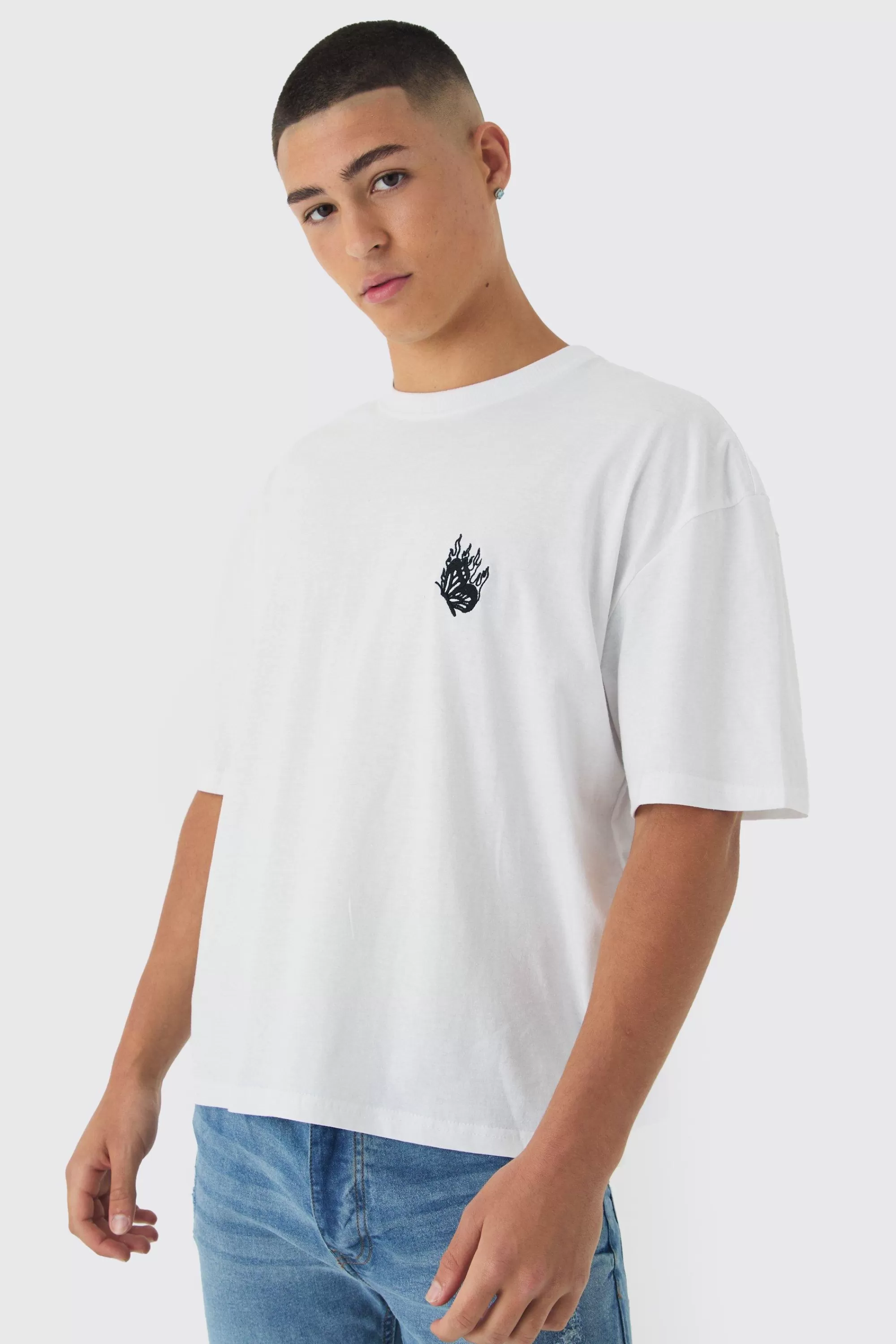 boohooMAN Boxy Butterfly Embroidery T-shirt | UK white Hot
