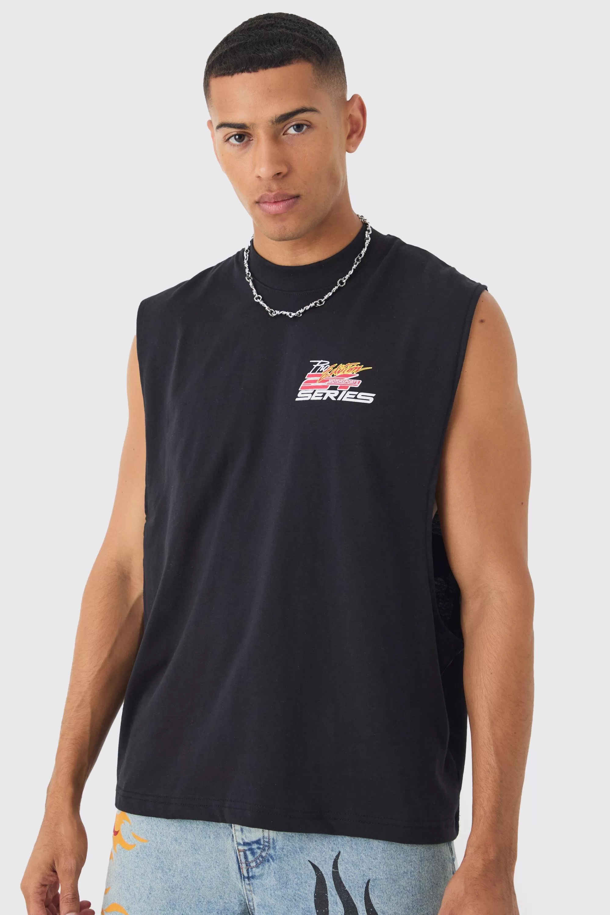 boohooMAN Boxy Drop Armhole Extended Neck Racing Print Tank | UK black Hot