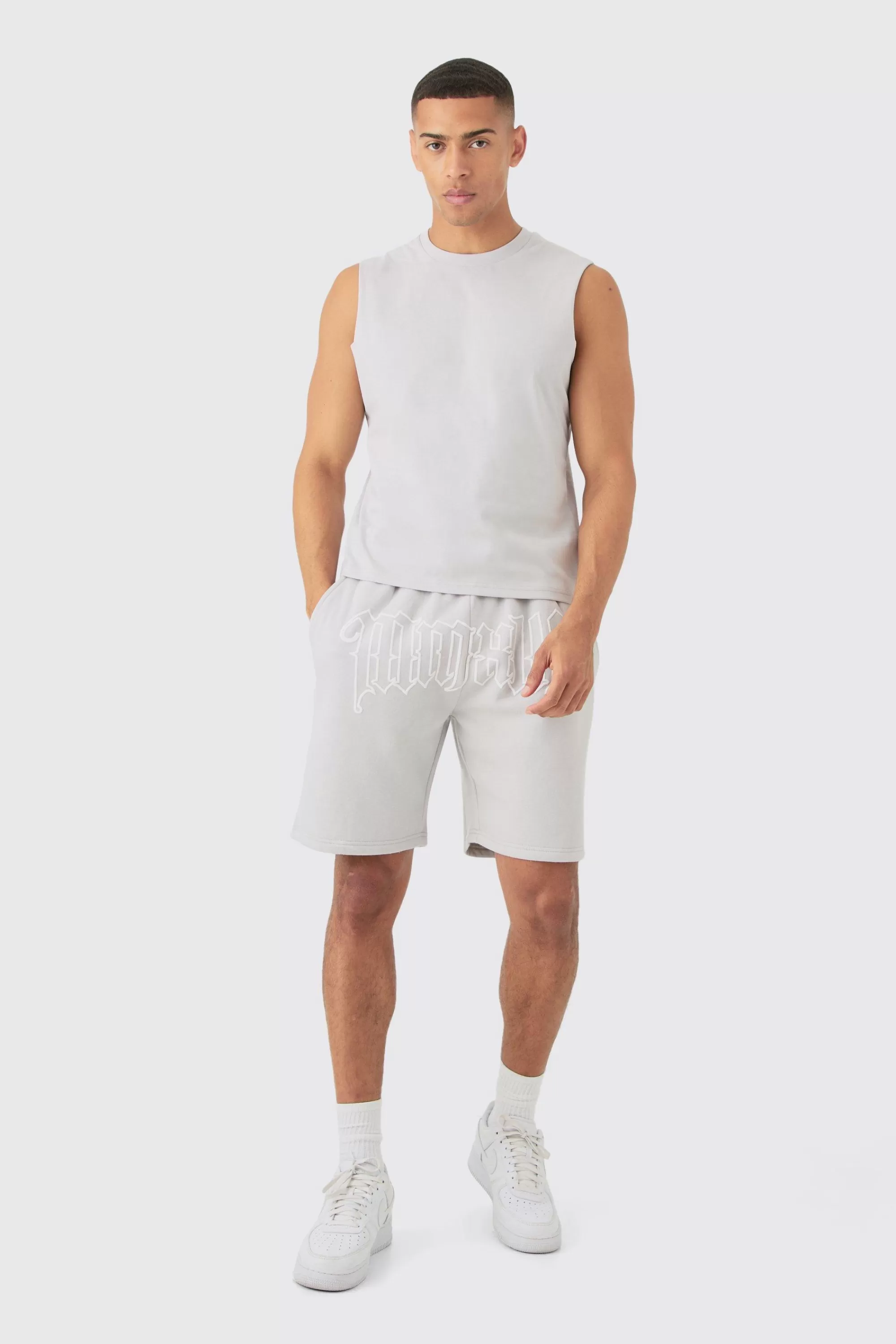 boohooMAN Boxy Fit Gothic Graphic Puff Print Tank & Short Set | UK grey New
