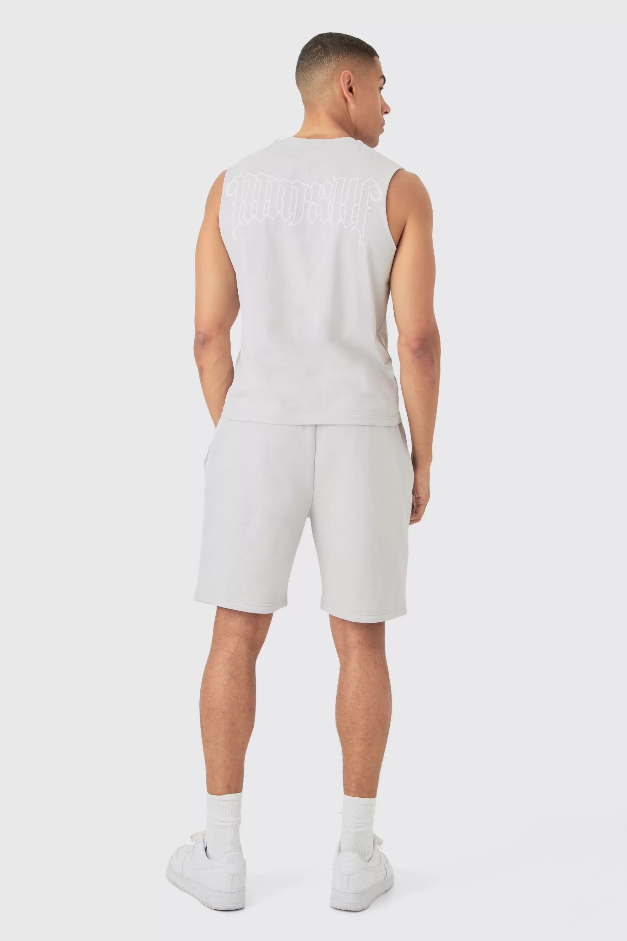 boohooMAN Boxy Fit Gothic Graphic Puff Print Tank & Short Set | UK grey New