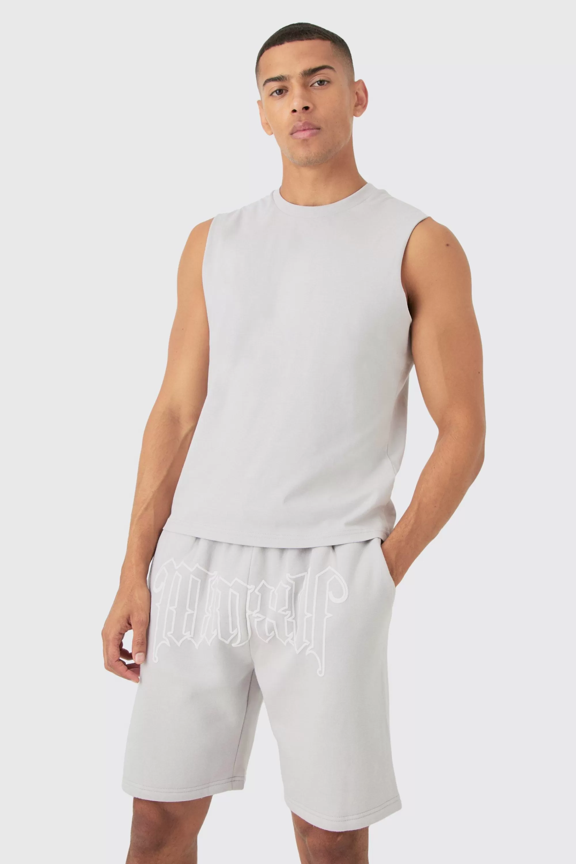 boohooMAN Boxy Fit Gothic Graphic Puff Print Tank & Short Set | UK grey New