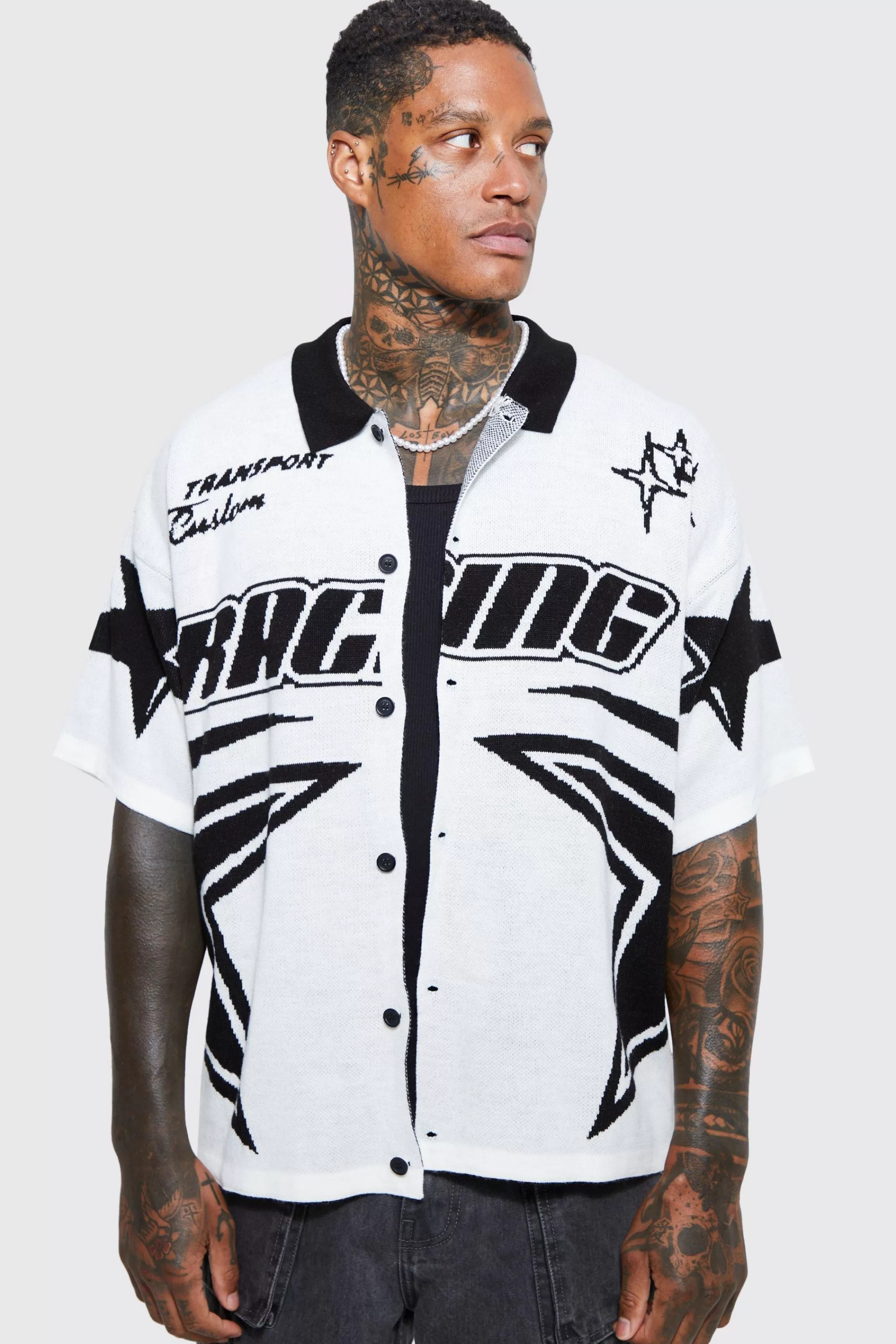 boohooMAN Boxy Fit Knitted Moto Shirt | UK white Outlet