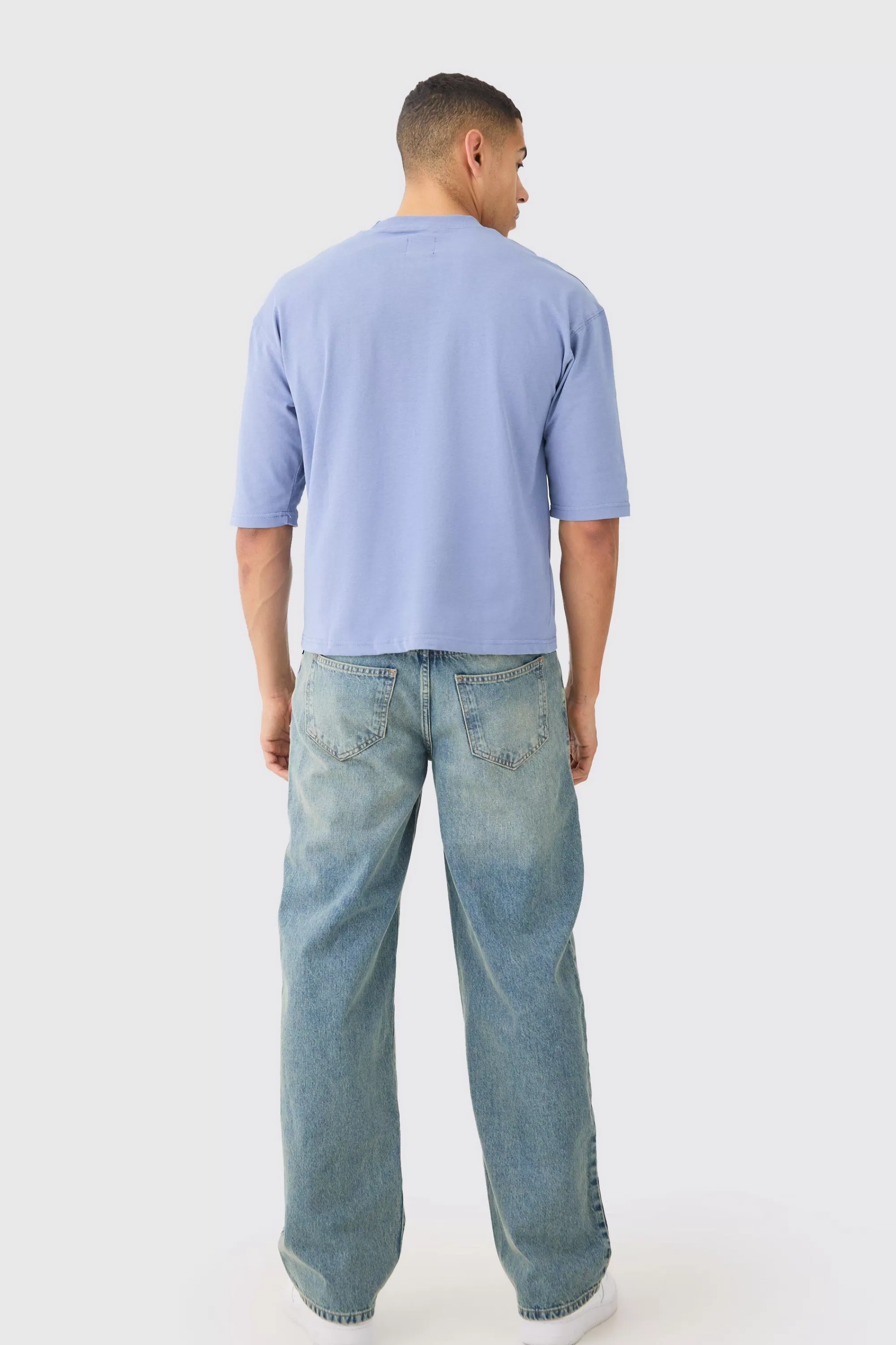 boohooMAN Boxy Half Sleeve Borg Applique T-shirt | UK slate blue Discount