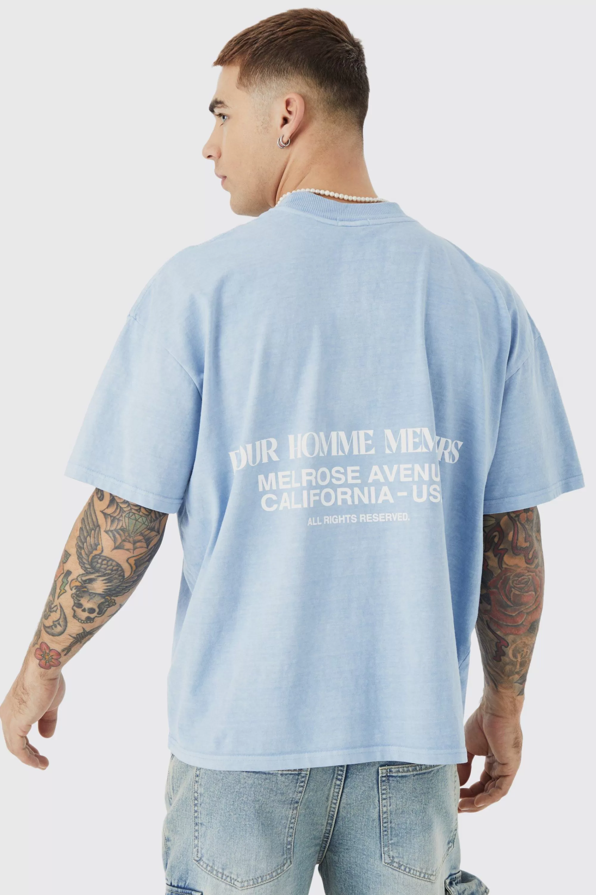 boohooMAN Boxy Overdyed Heavyweight Graphic T-shirt | UK blue Shop