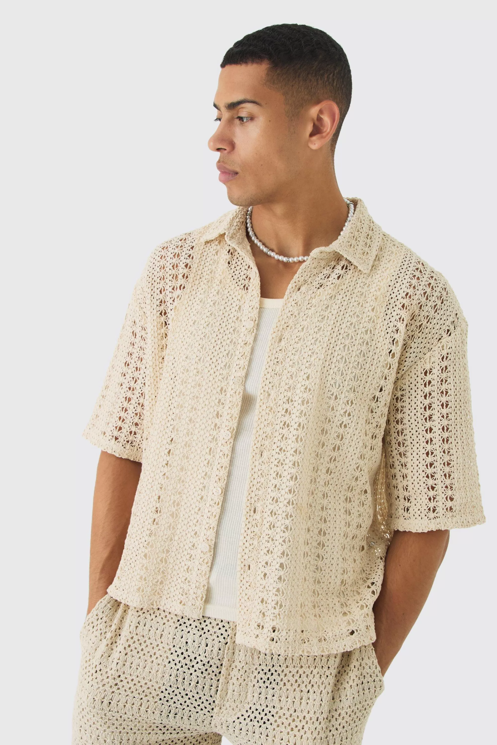 boohooMAN Boxy Revere Crochet Shirt | UK ecru Fashion