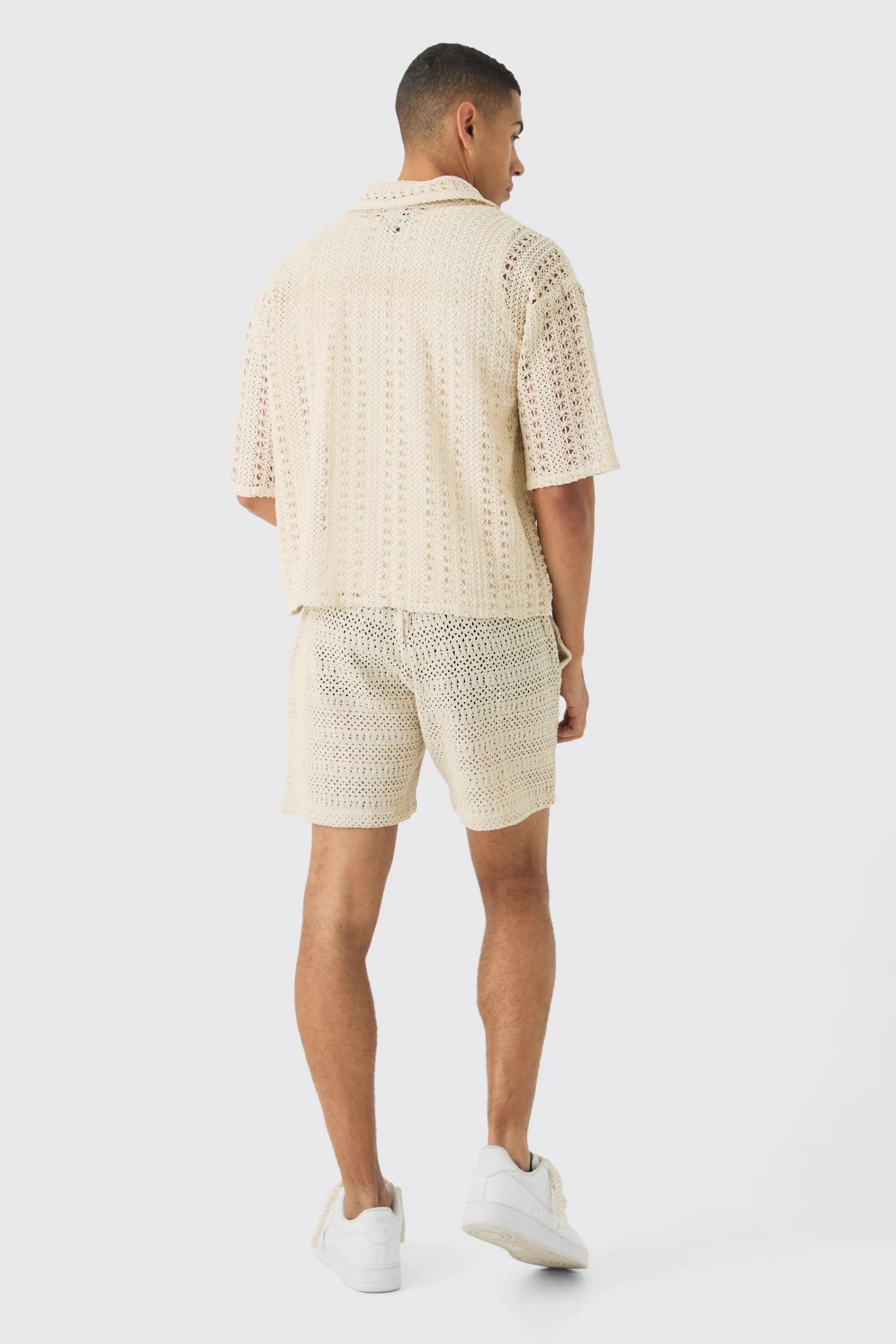 boohooMAN Boxy Revere Crochet Shirt | UK ecru Fashion