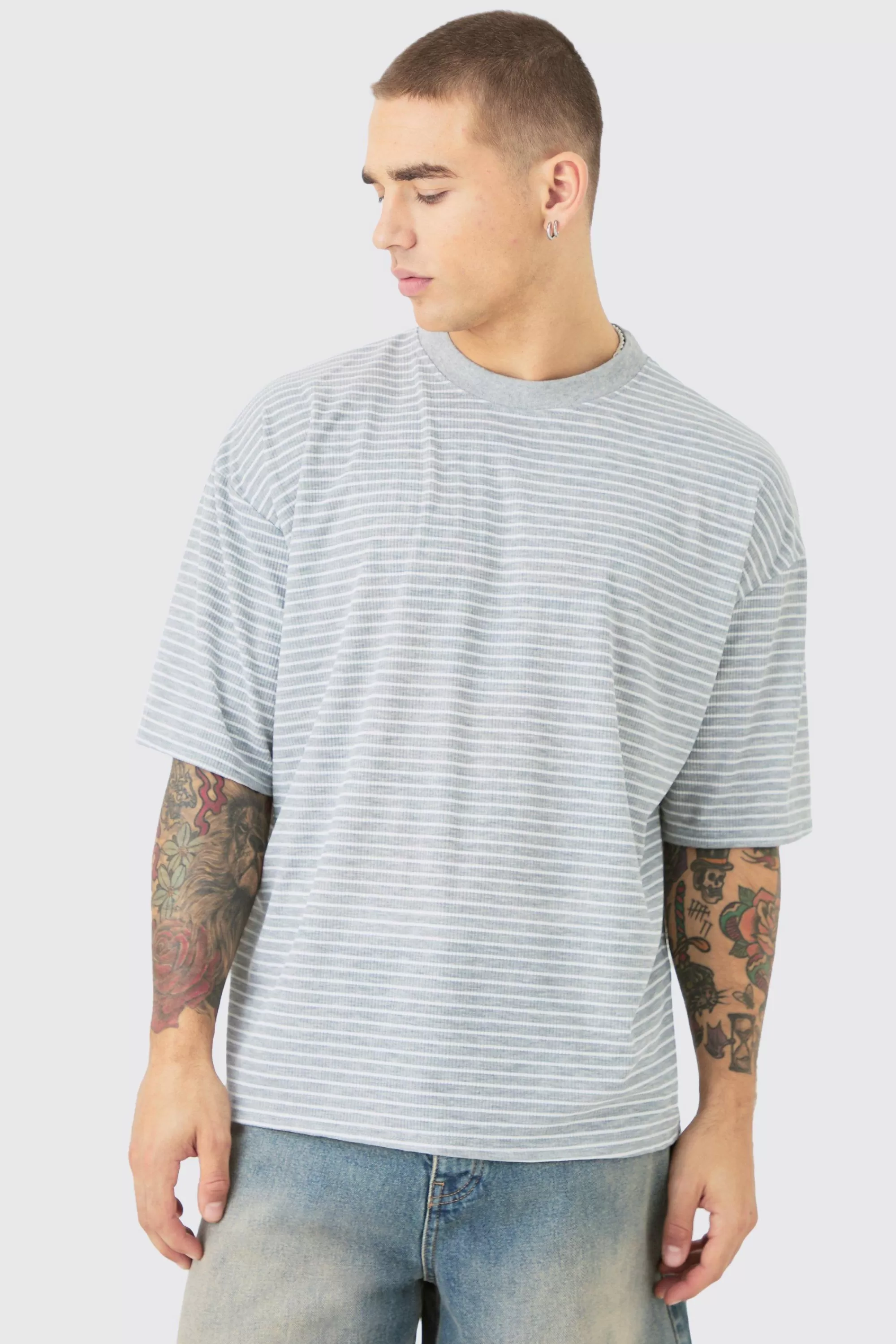 boohooMAN Boxy Stripe Rib T-shirt | UK grey New