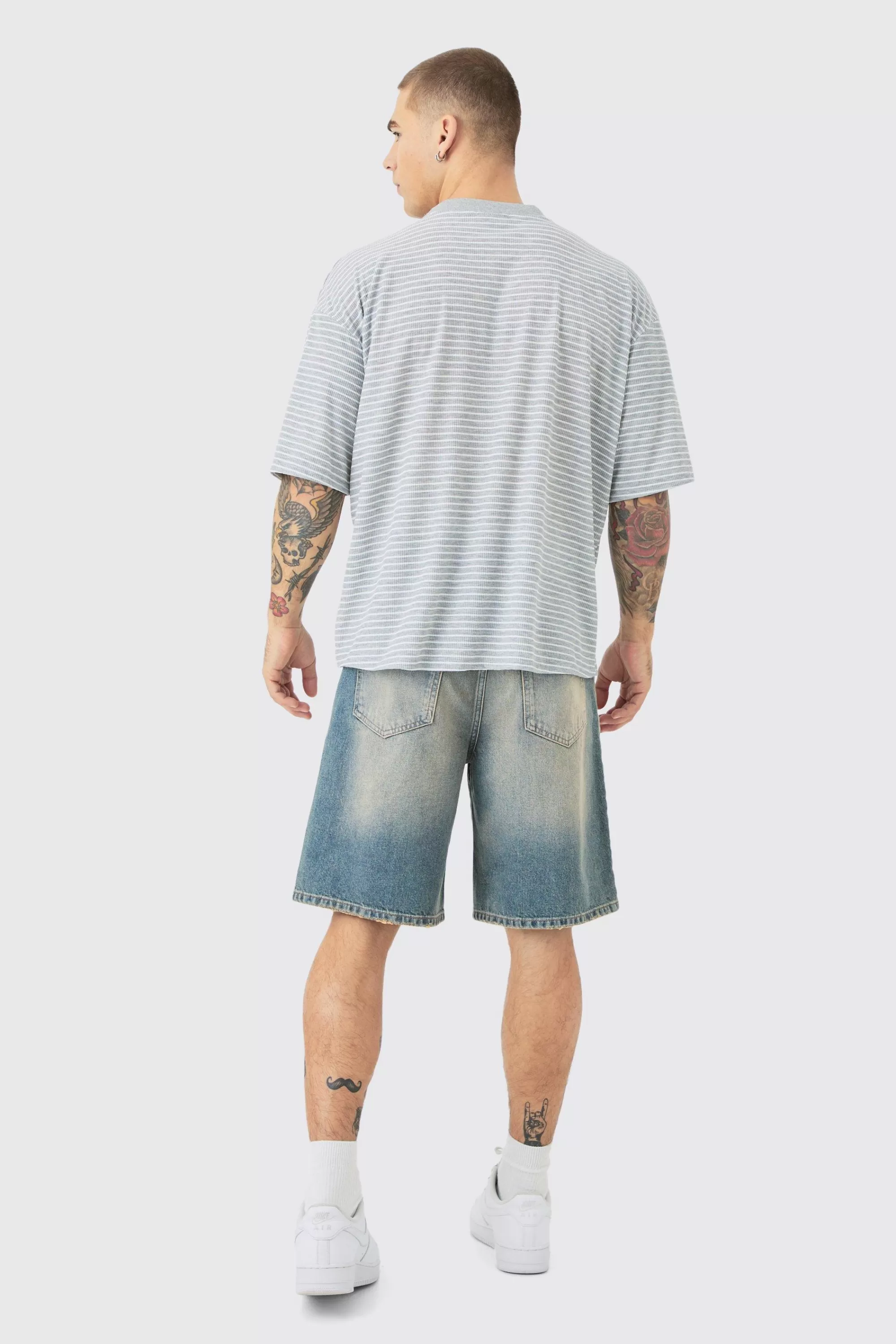 boohooMAN Boxy Stripe Rib T-shirt | UK grey New