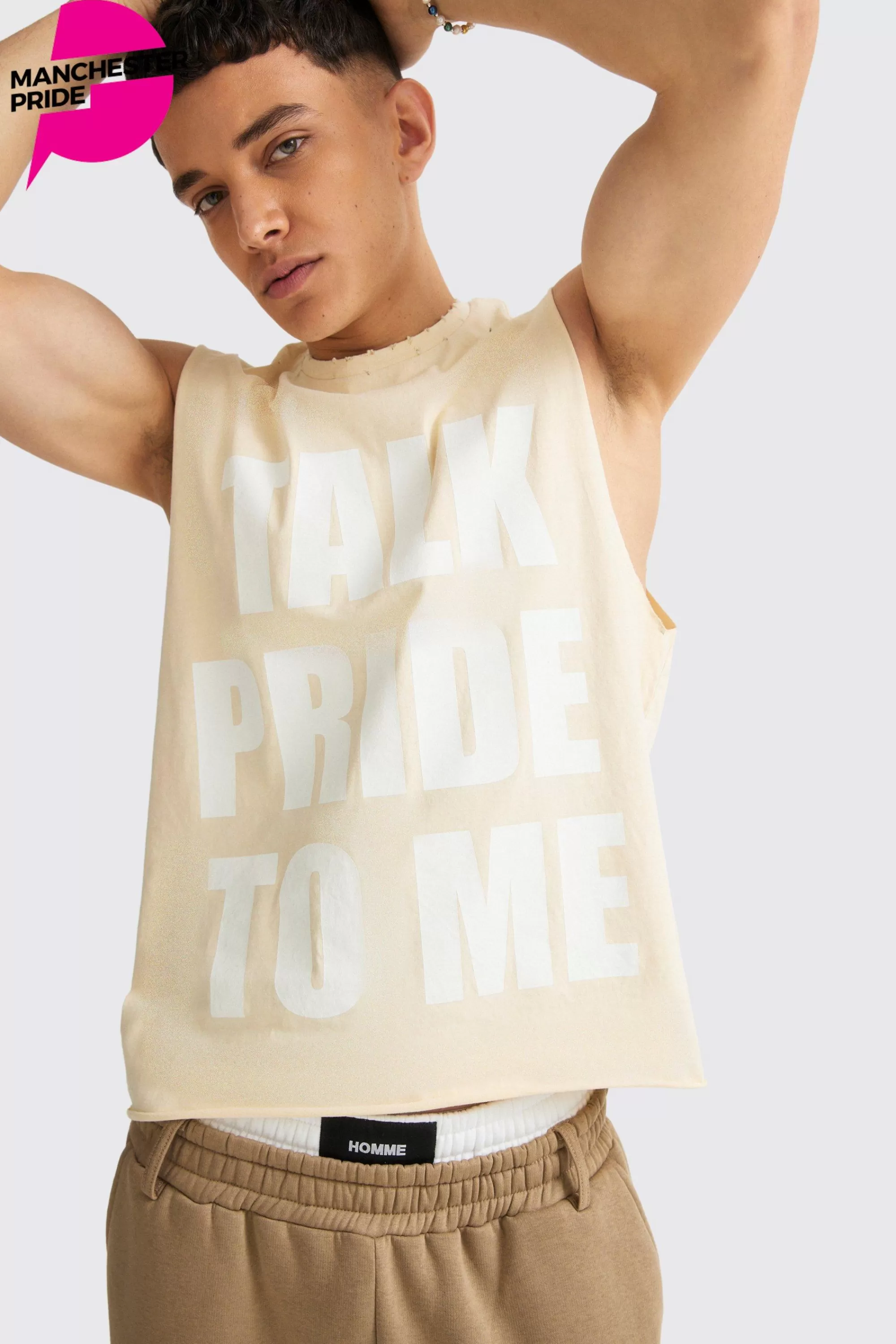 boohooMAN Boxy Talk Pride To Me Distressed Tank | UK stone Best