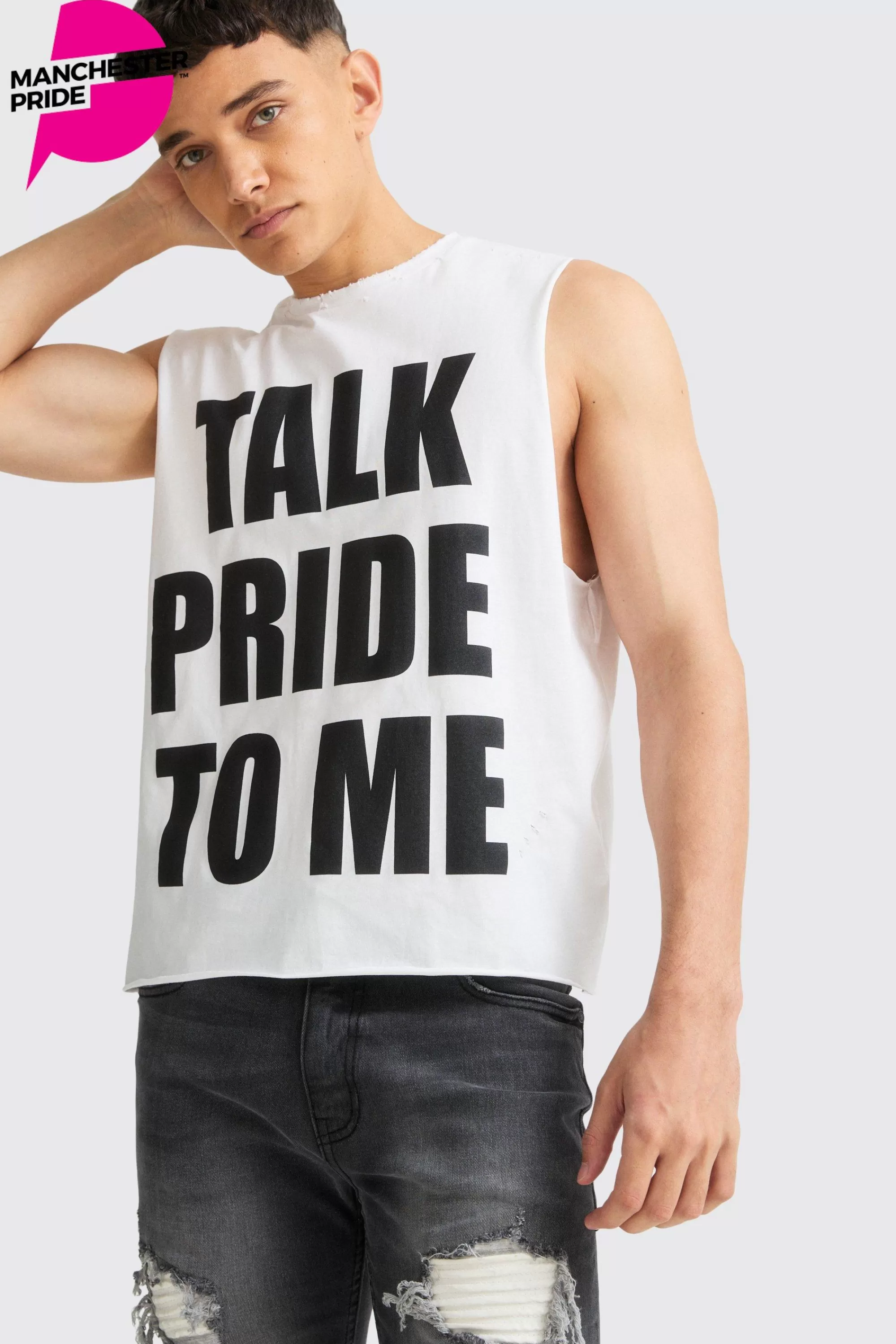 boohooMAN Boxy Talk Pride To Me Distressed Tank | UK white Sale