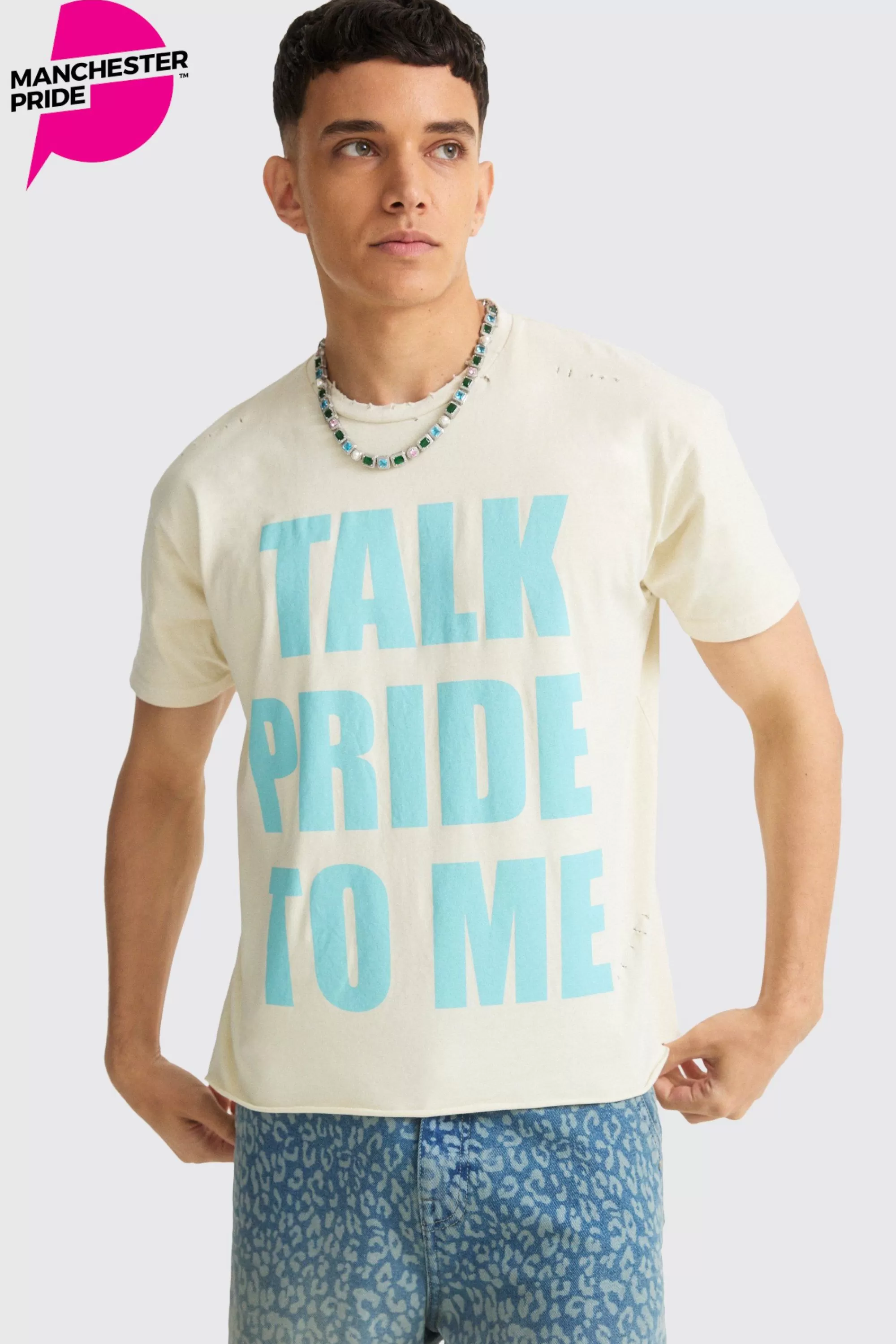 boohooMAN Boxy Talk Pride To Me Distressed T-shirt | UK stone Cheap