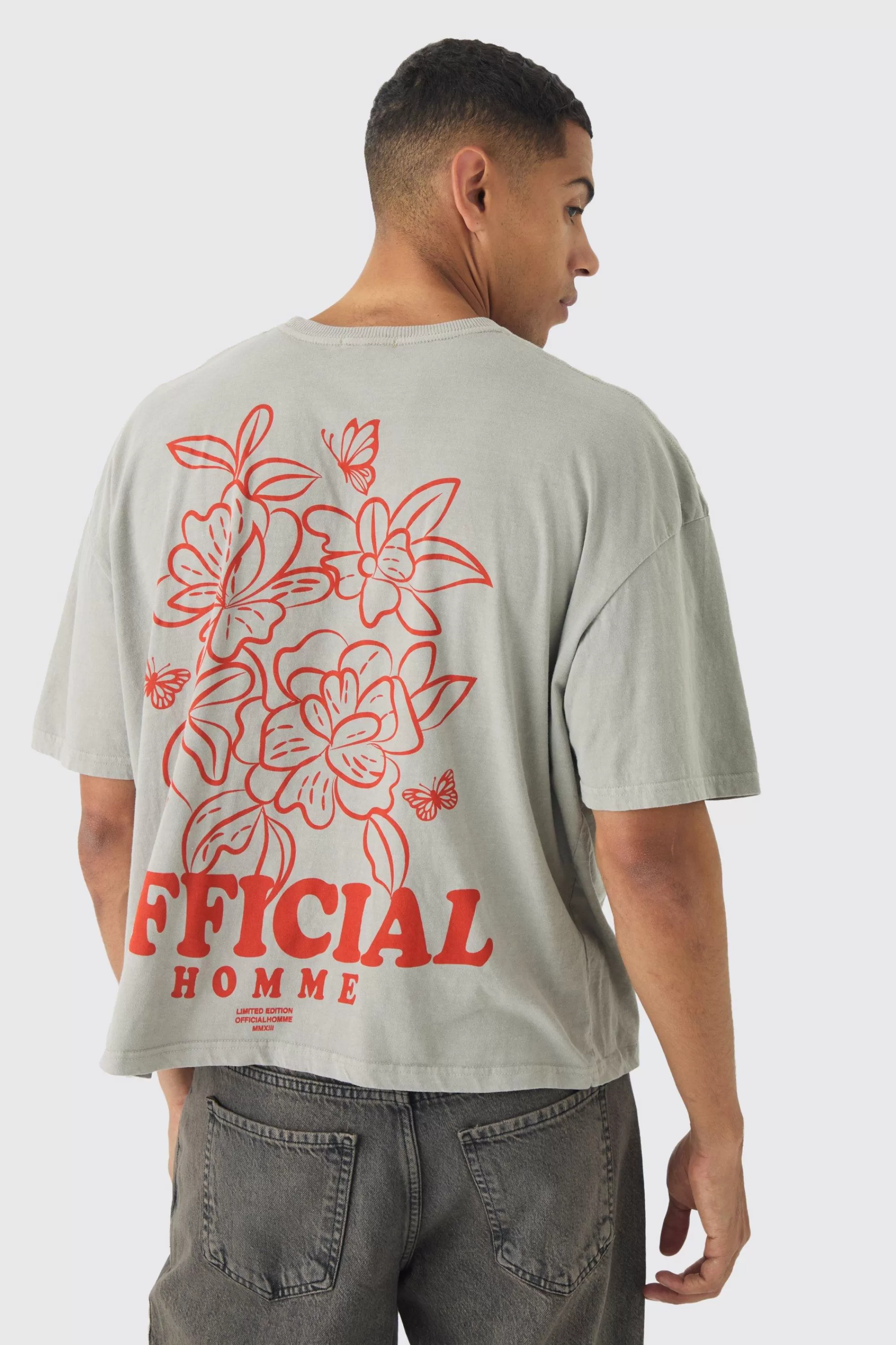 boohooMAN Boxy Washed Floral Back Print T-Shirt | UK ecru New