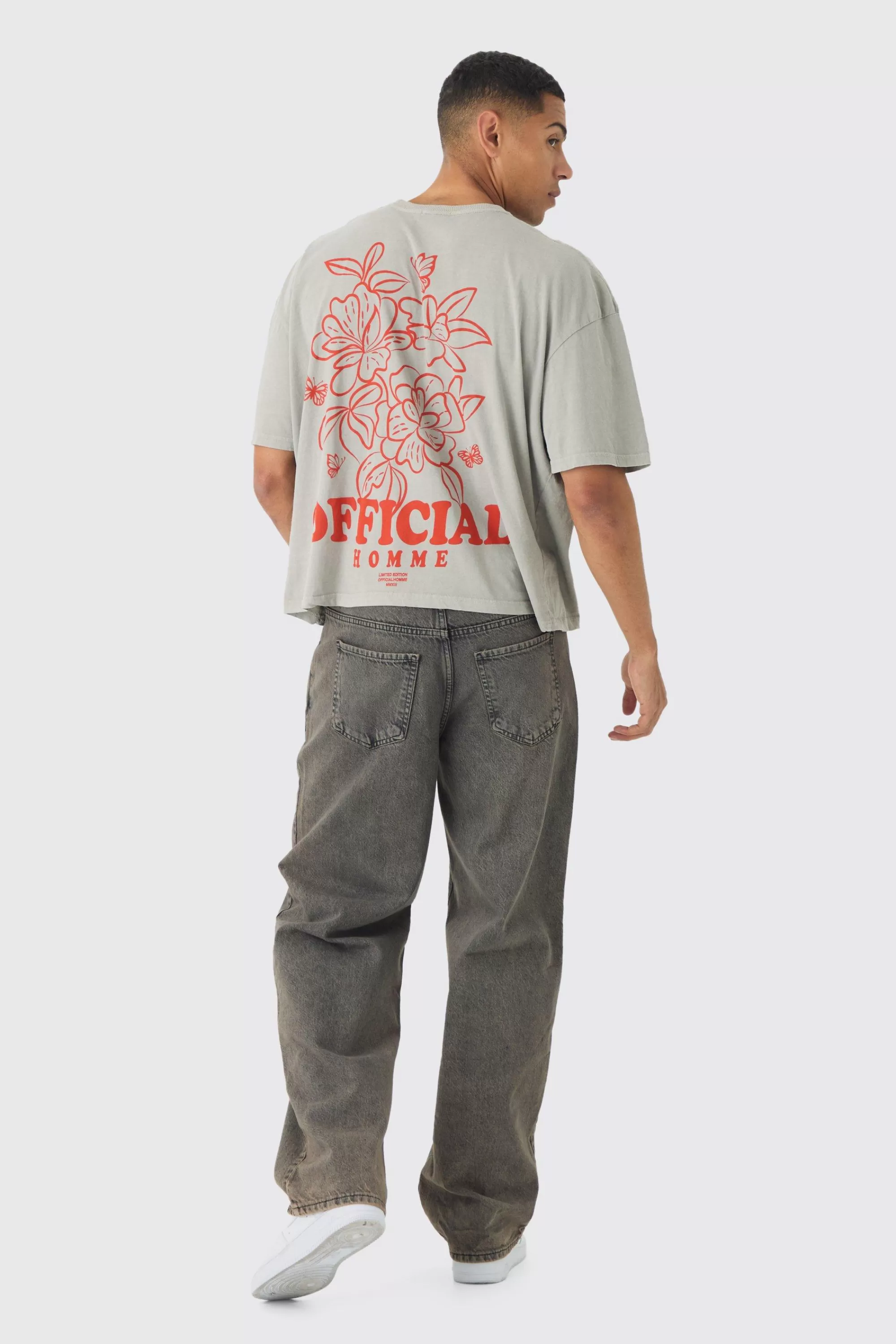 boohooMAN Boxy Washed Floral Back Print T-Shirt | UK ecru New