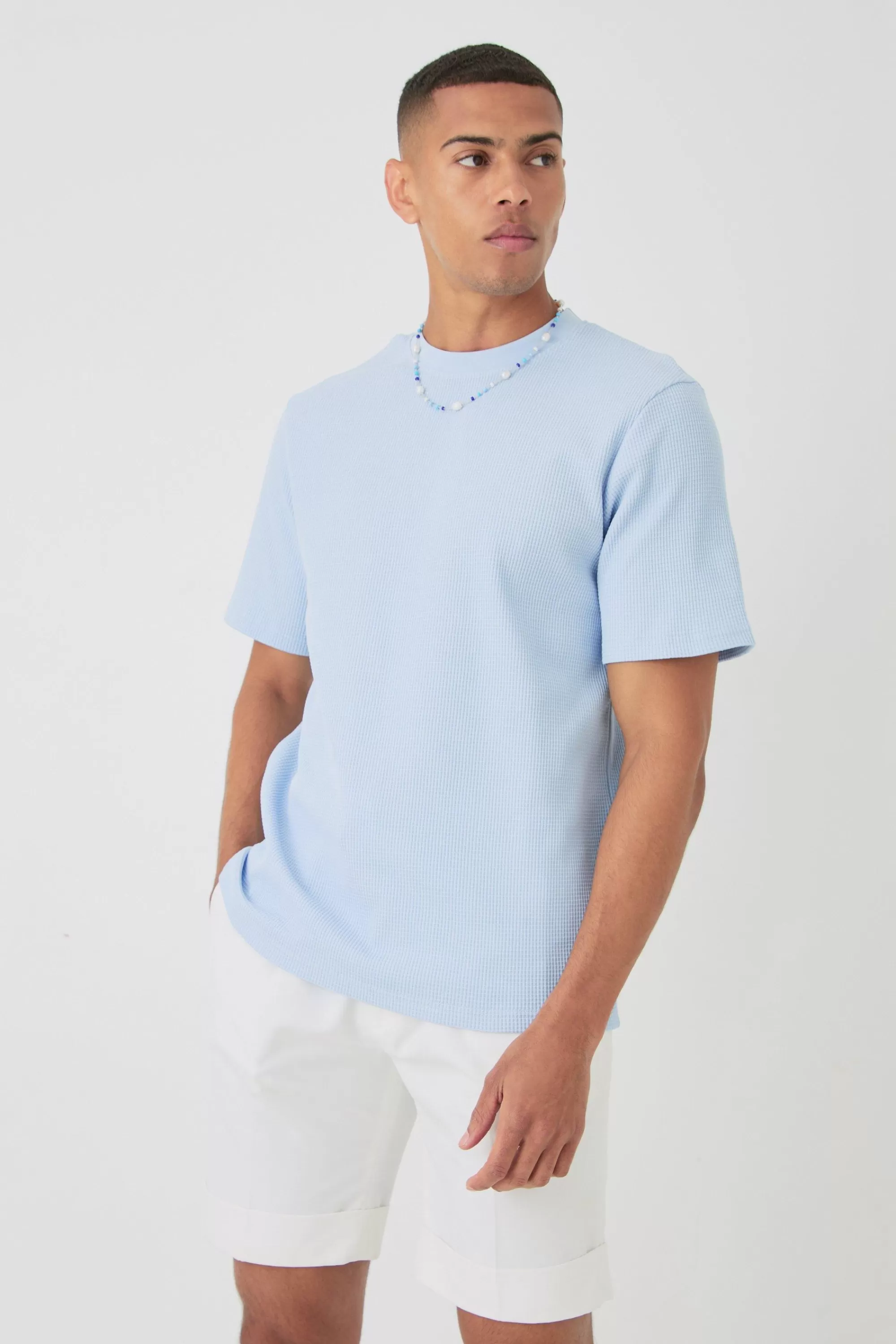 boohooMAN Core Waffle T-shirt | UK pastel blue Store