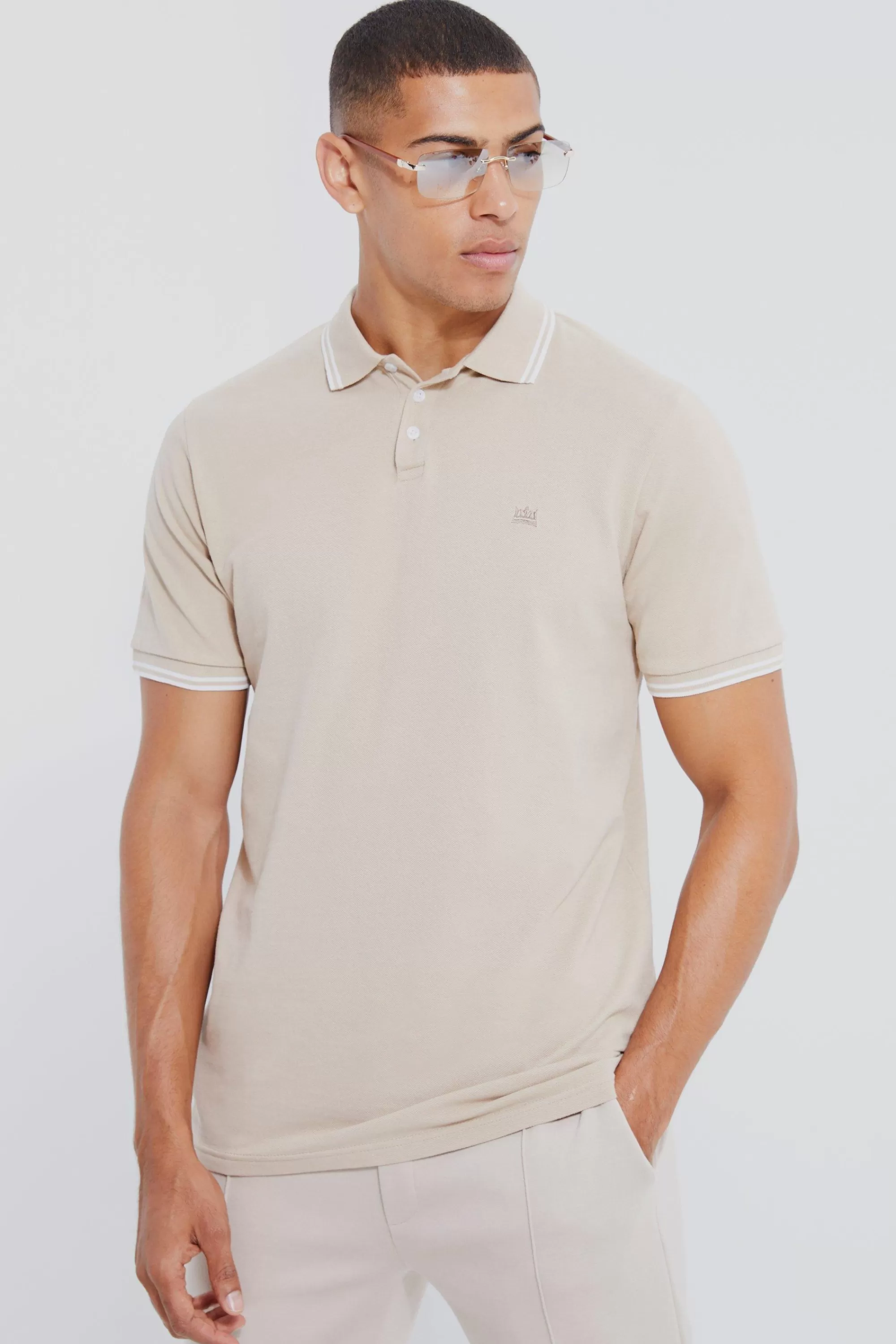 boohooMAN Crown Embroidered Tipped Pique Polo | UK taupe Best Sale