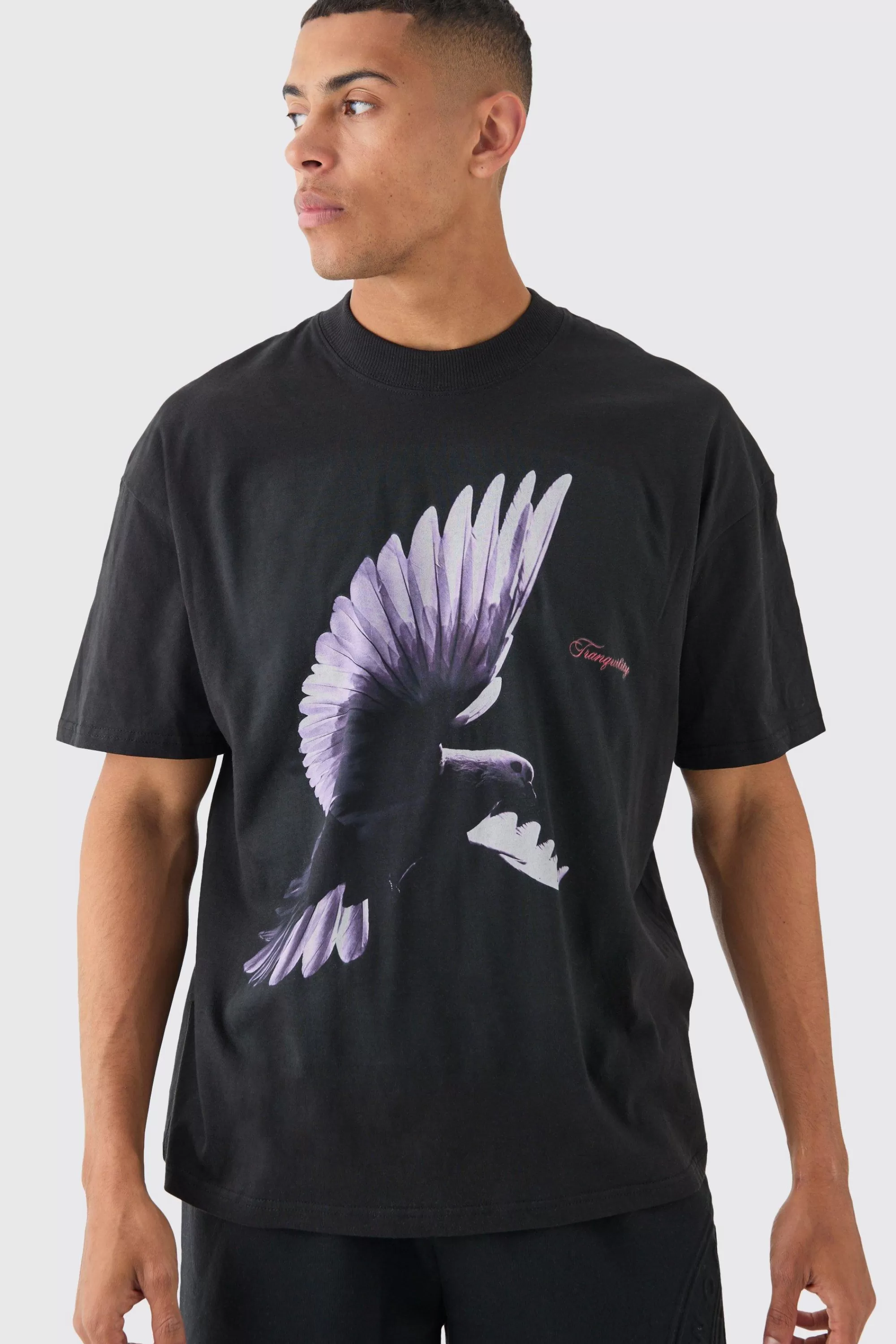 boohooMAN Extended Neck Dove Graphic T-shirt | UK black Flash Sale
