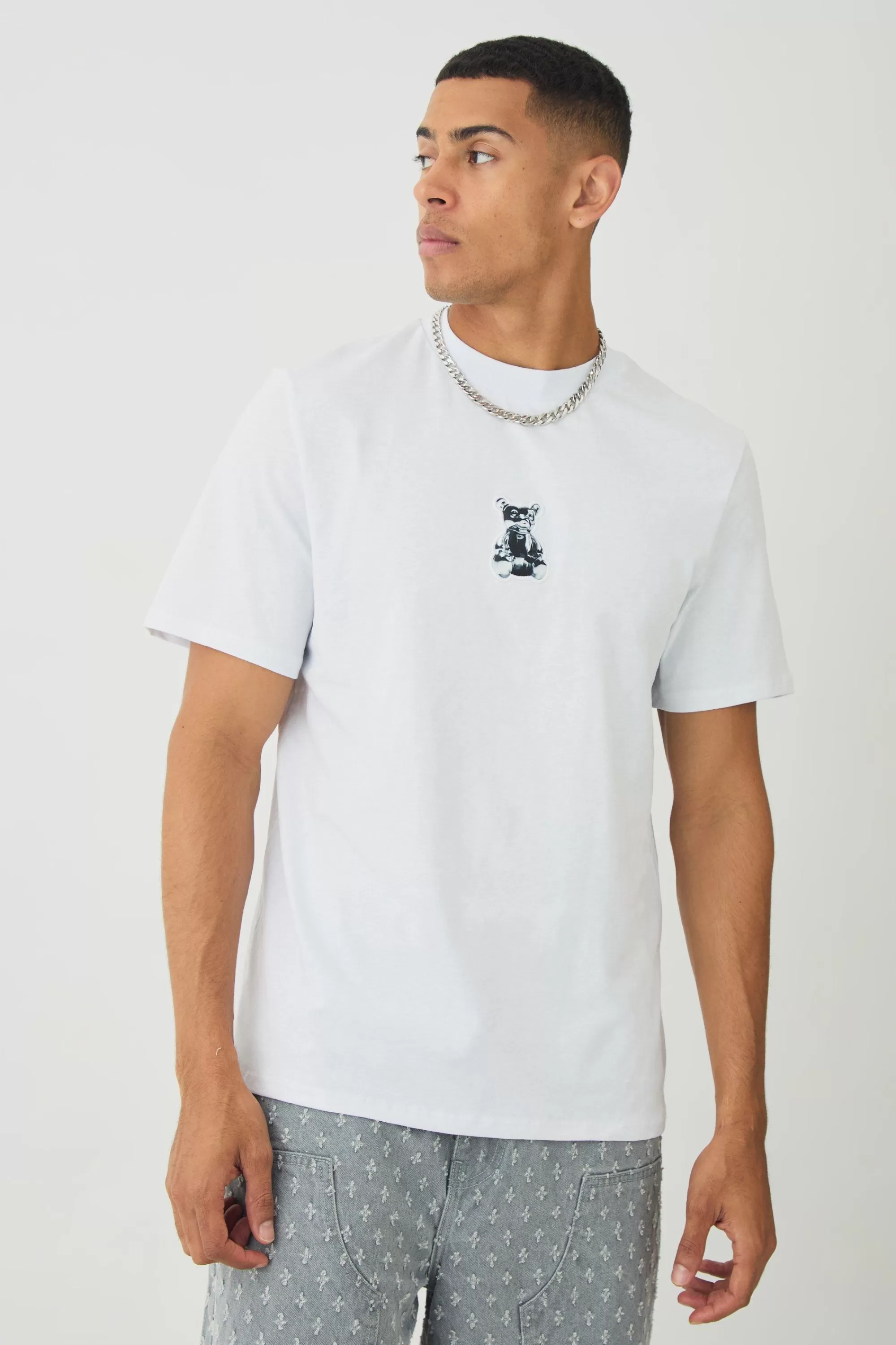 boohooMAN Extended Neck Metallic Bear T-shirt | UK white New
