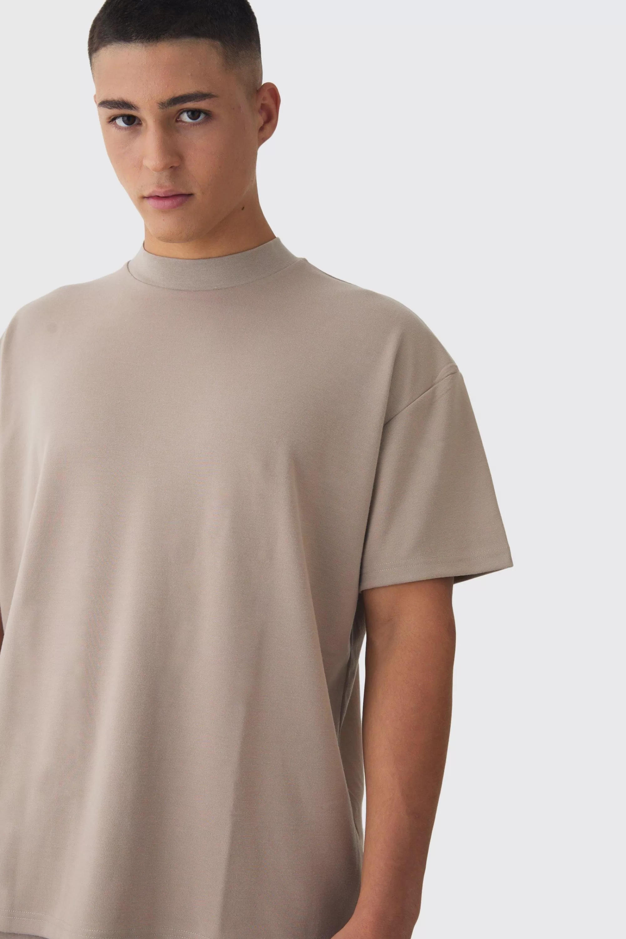 boohooMAN Extended Neck Oversized Super Heavy Premium T-shirt | UK stone Best
