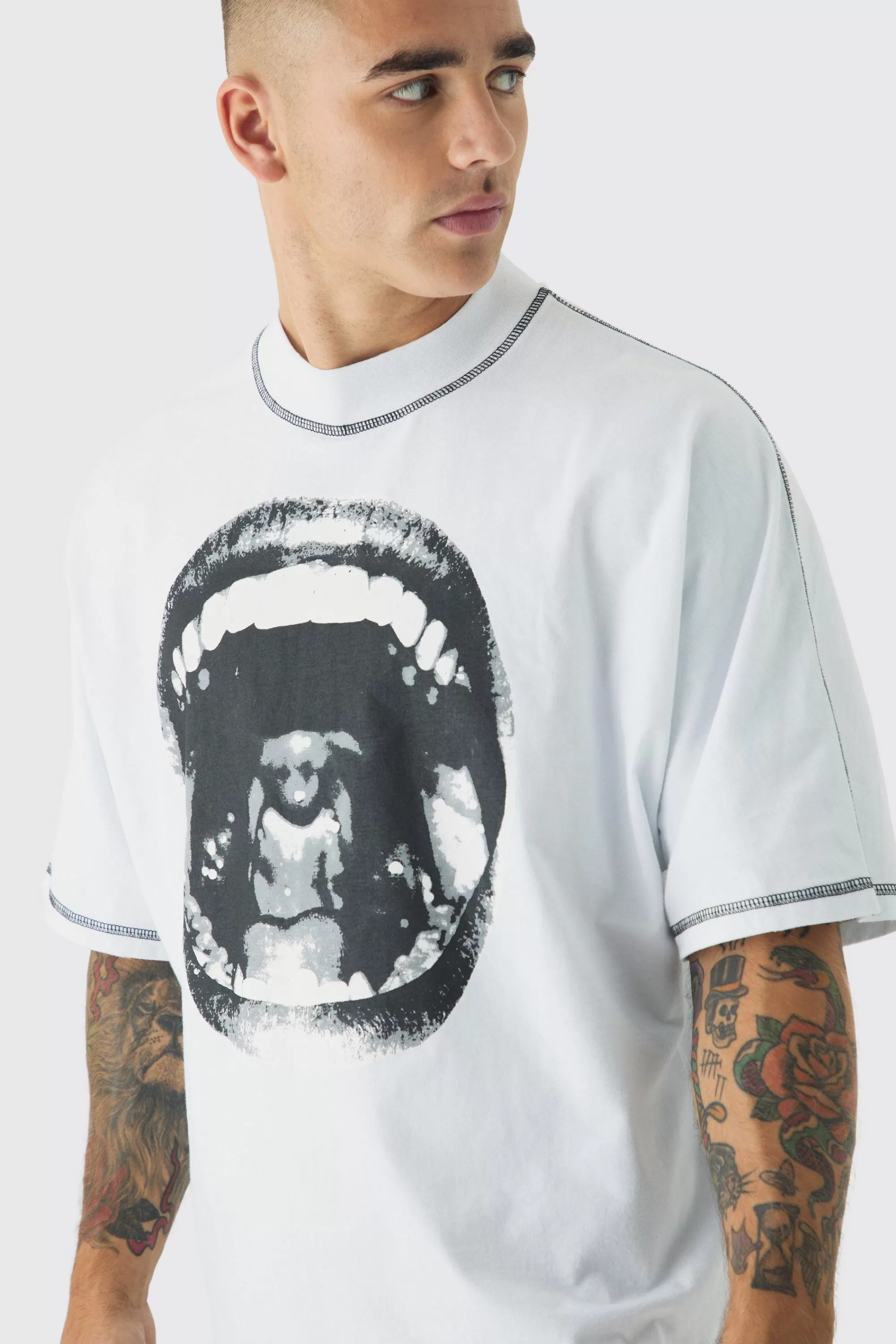 boohooMAN Extreme Heavyweight Oversized Boxy Graphic Tab T-Shirt | UK white Store