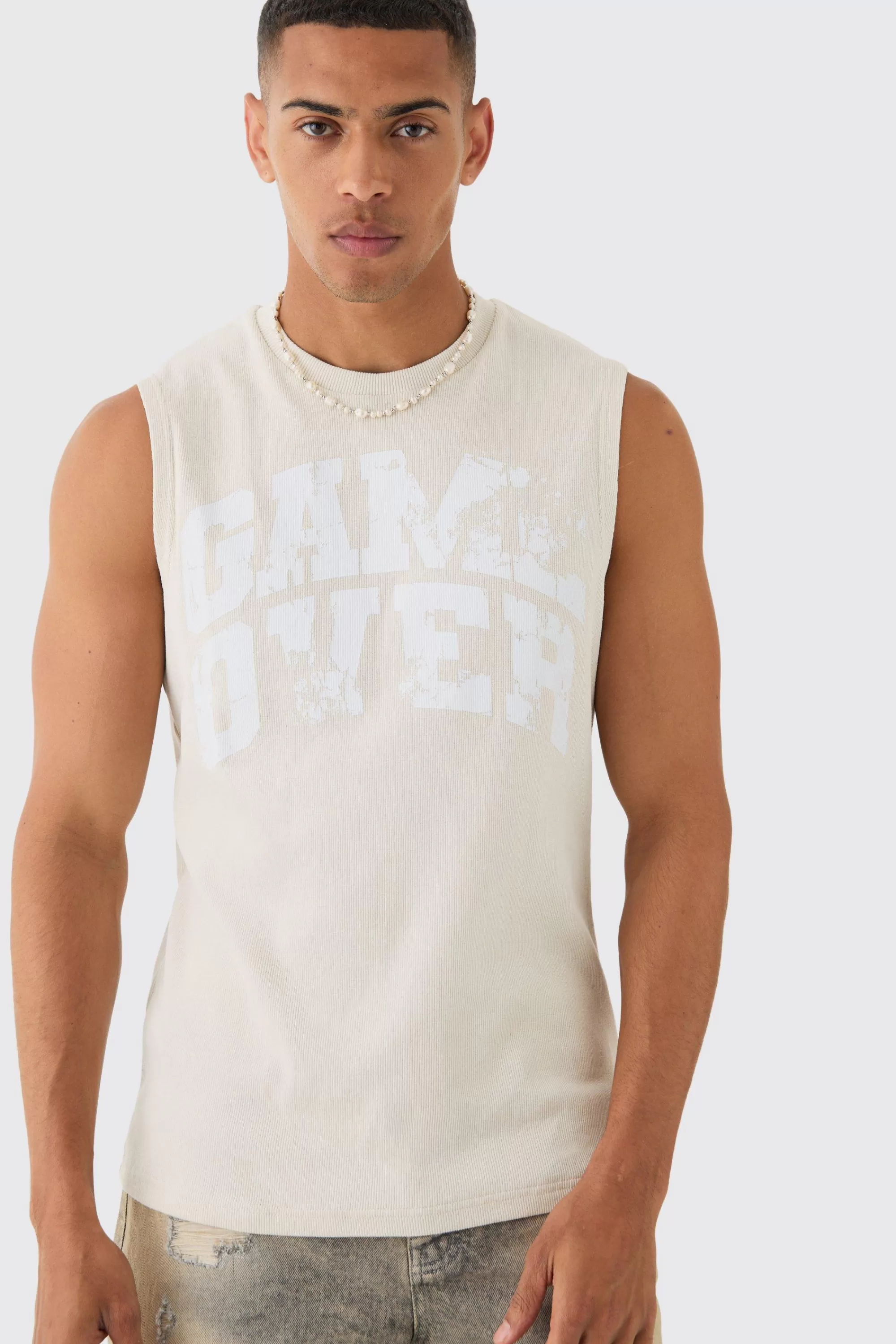 boohooMAN Game Over Printed Ribbed Tank | UK stone Best