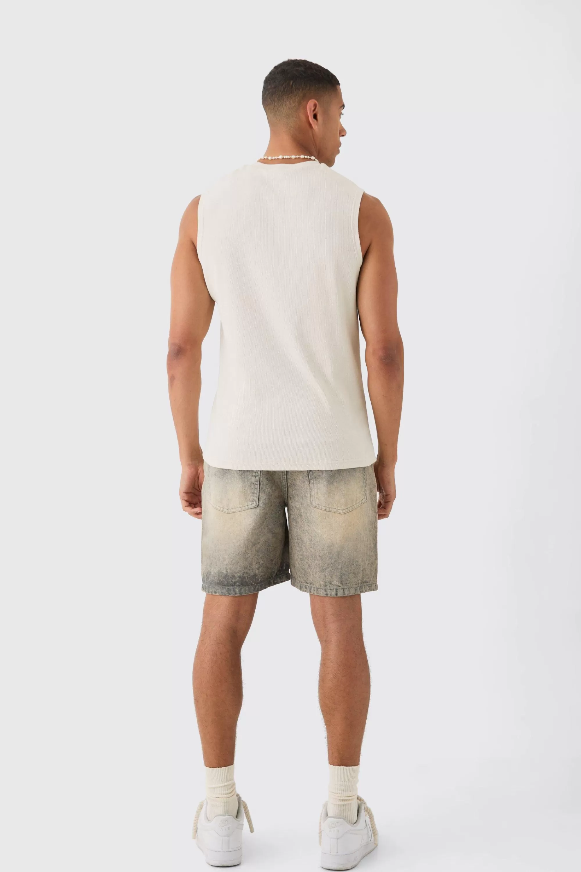 boohooMAN Game Over Printed Ribbed Tank | UK stone Best