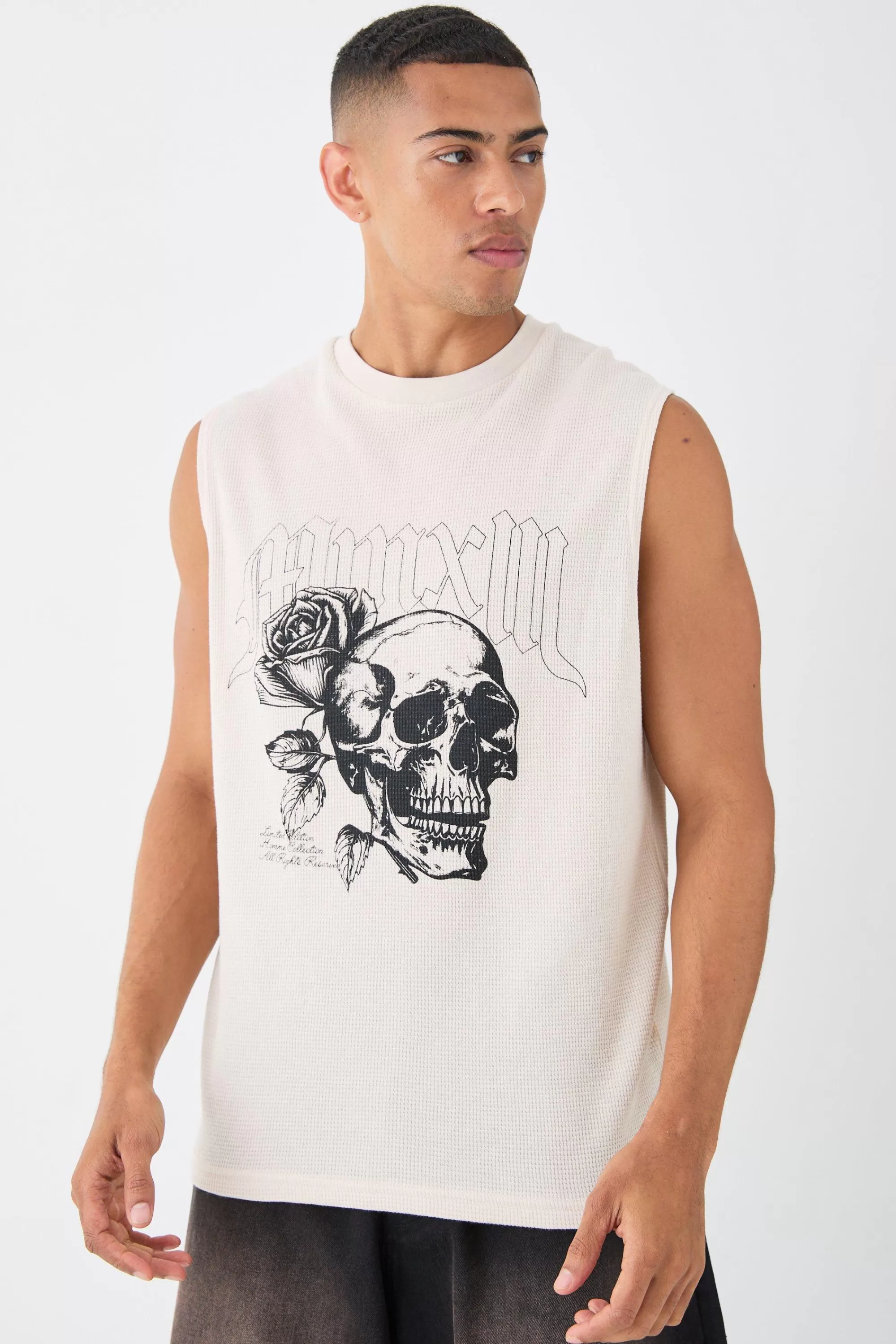 boohooMAN Gothic Renaissance Skull And Rose Waffle Printed Tank | UK stone Online