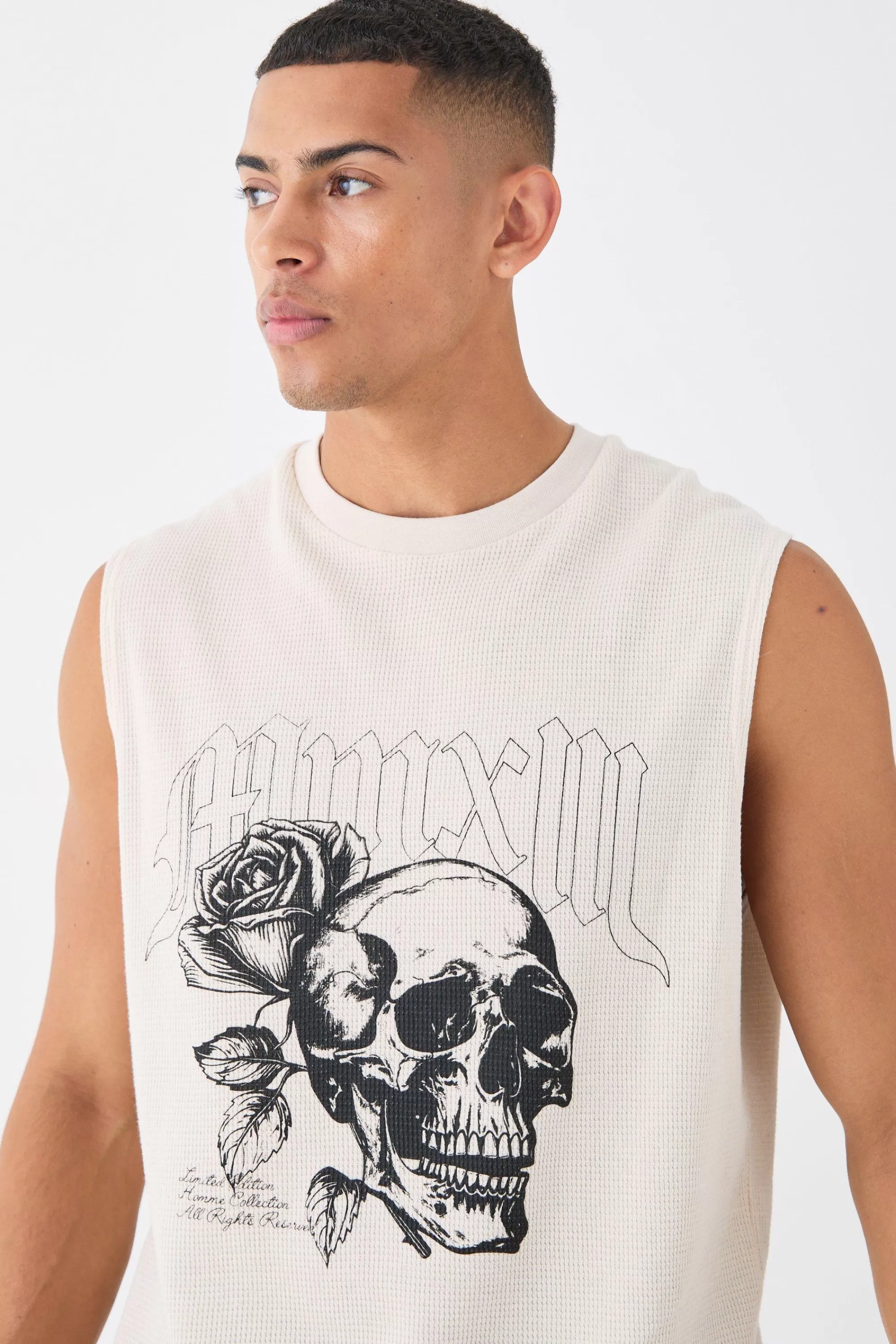 boohooMAN Gothic Renaissance Skull And Rose Waffle Printed Tank | UK stone Online