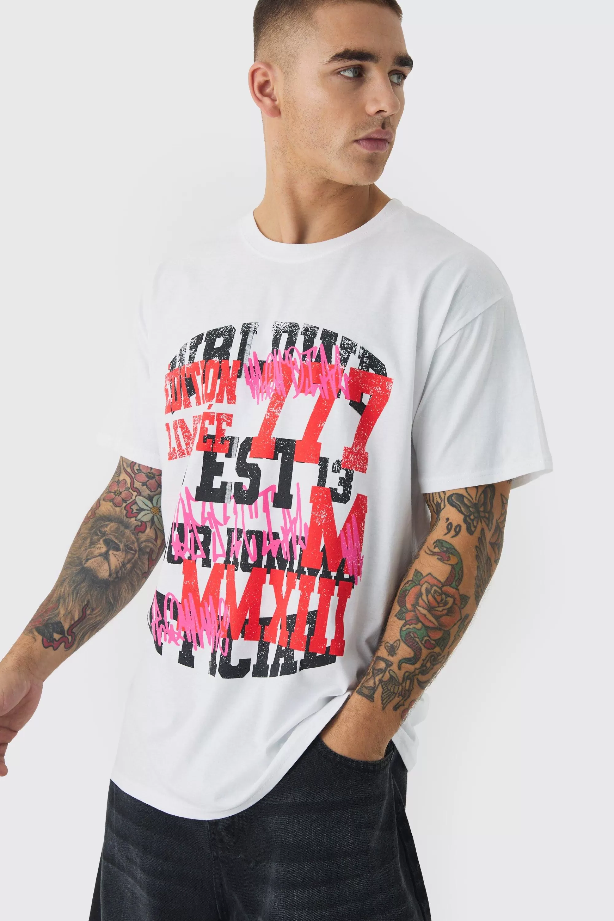 boohooMAN Grunge Varsity Printed T-Shirt | UK white Flash Sale