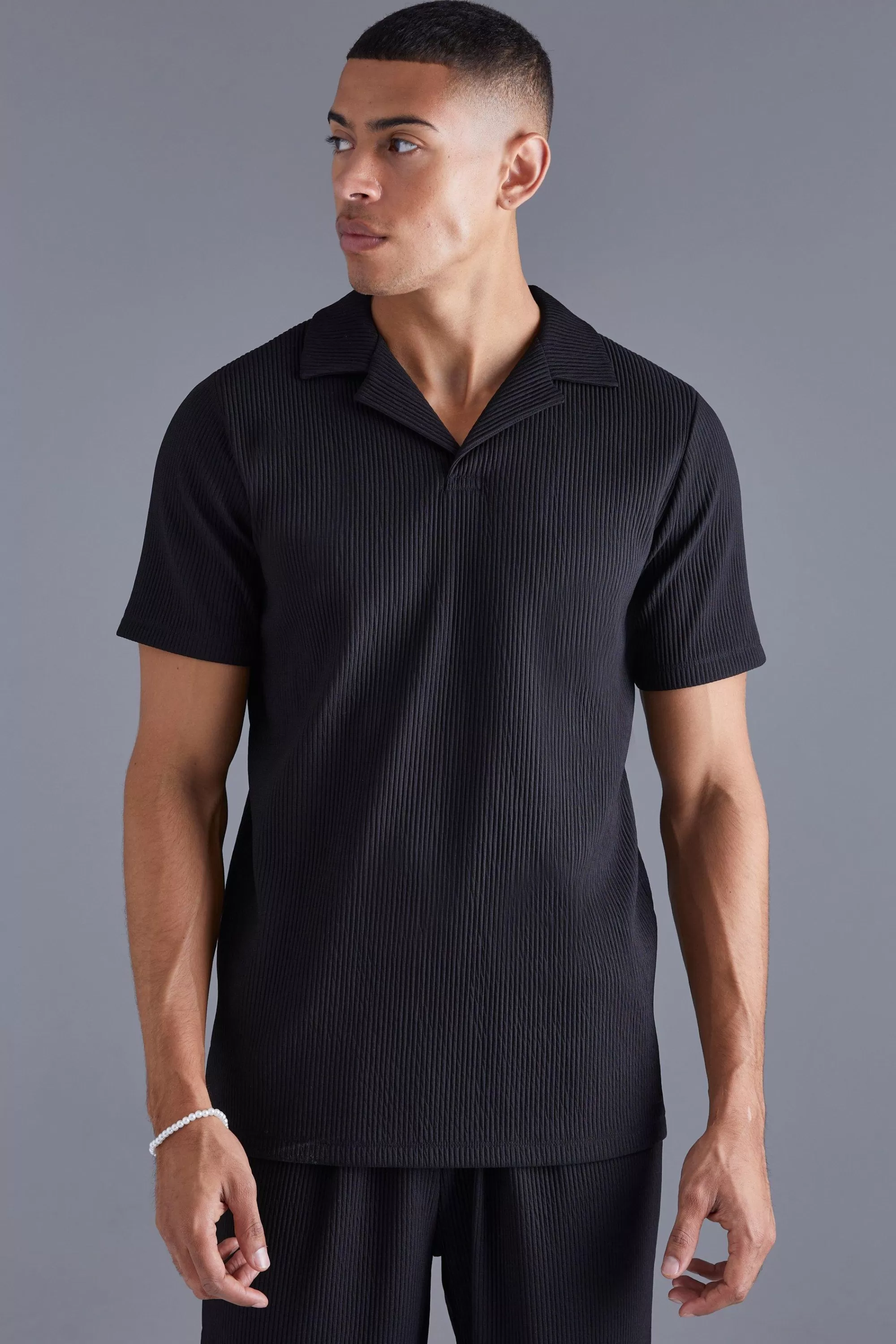 boohooMAN Heavy Pleated Revere Polo | UK black Discount