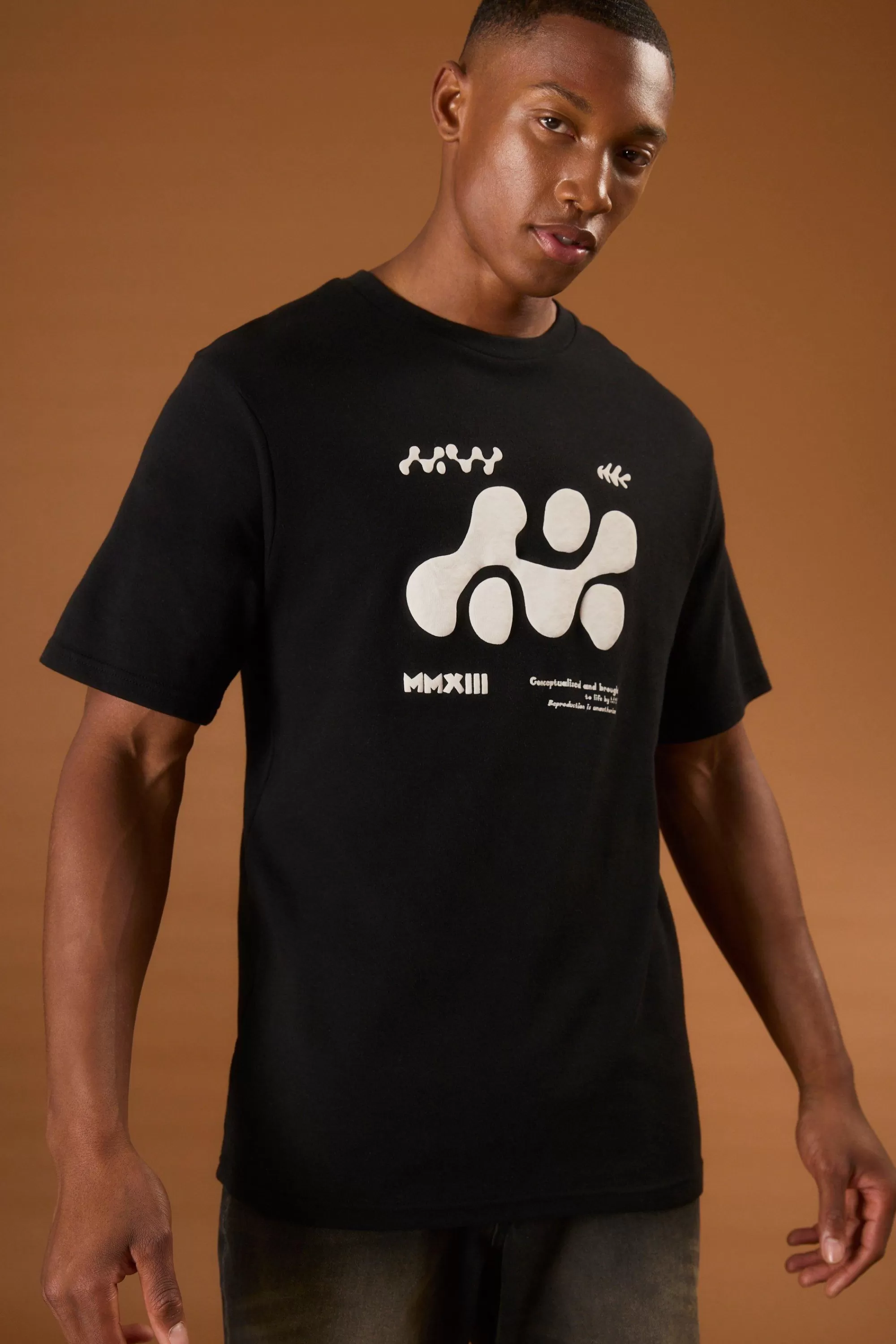 boohooMAN Heavyweight Interlock Abstract Puff Print T-shirt | UK black Online