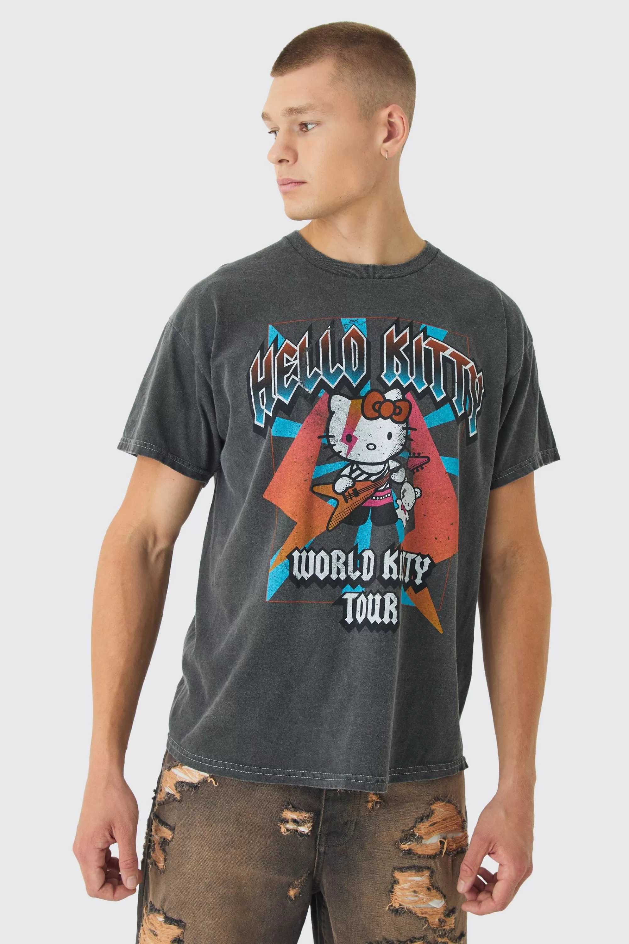 boohooMAN Hello Kitty Tour Wash License T-Shirt | UK charcoal New