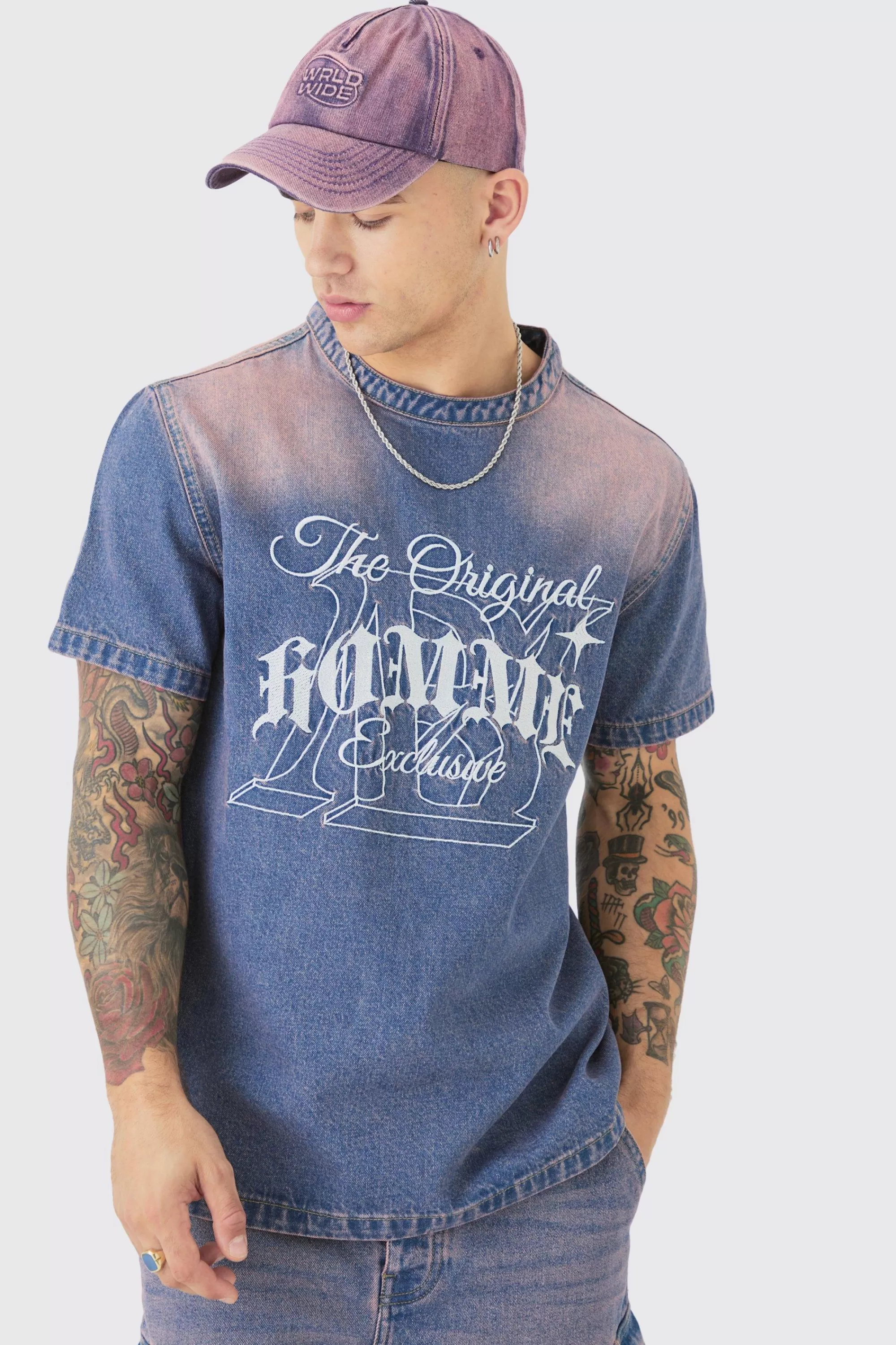 boohooMAN Homme Embroidered Short Sleeve Denim T-Shirt In | UK pink Hot