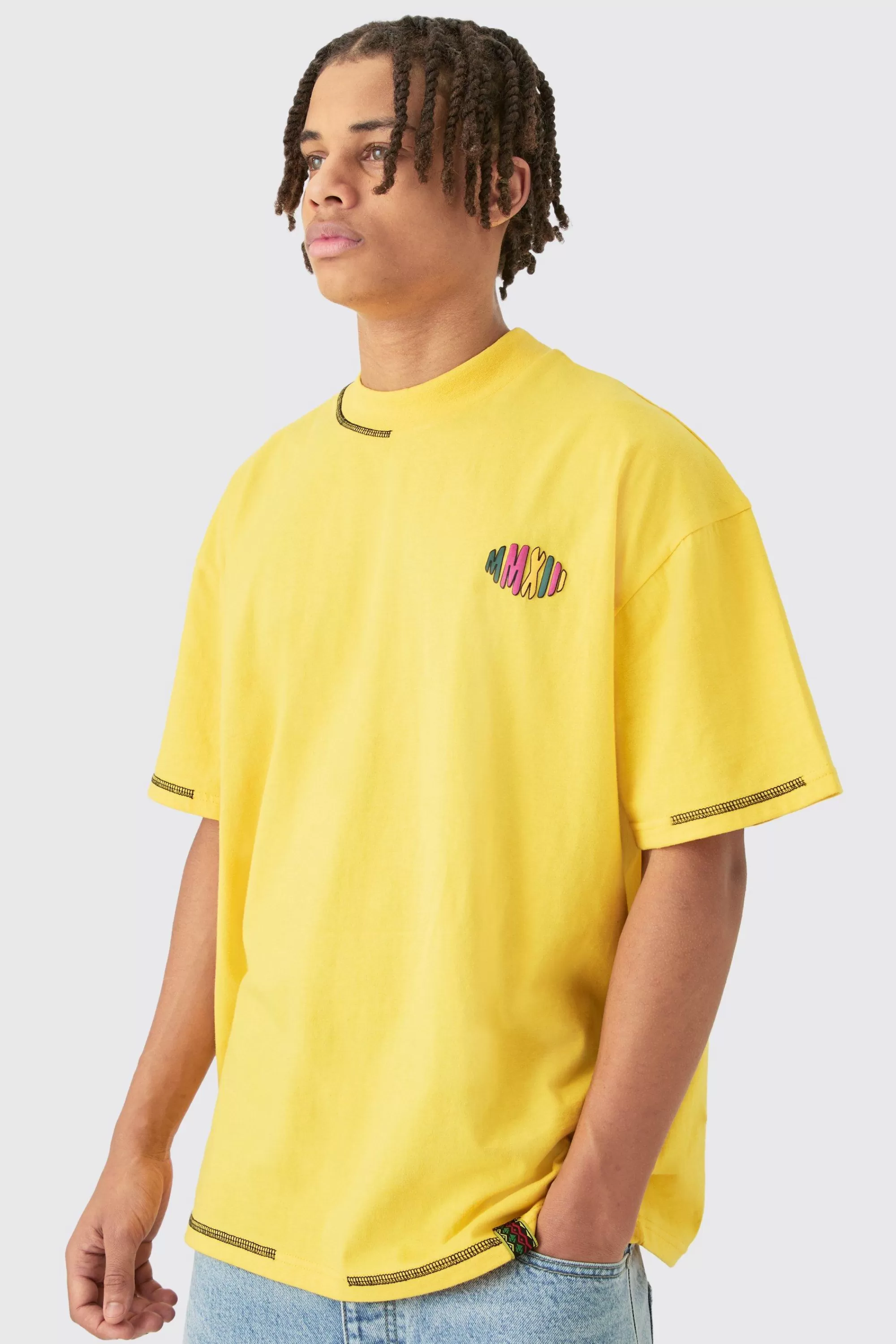 boohooMAN Homme Heavyweight Retreat Multi Graphic Oversized T-shirt | UK yellow Clearance