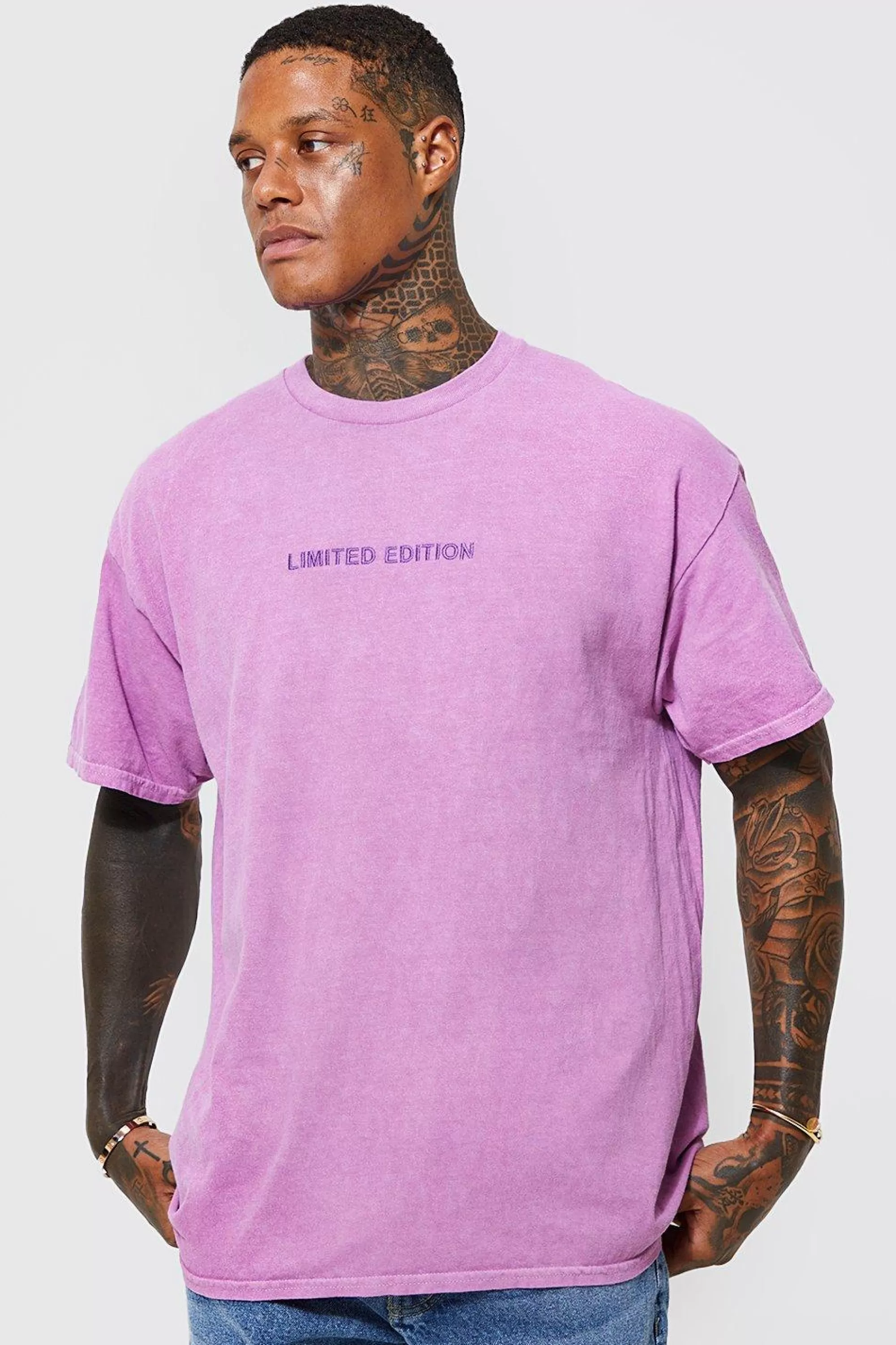 boohooMAN Limited Embroidered Overdye T-shirt | UK lilac New