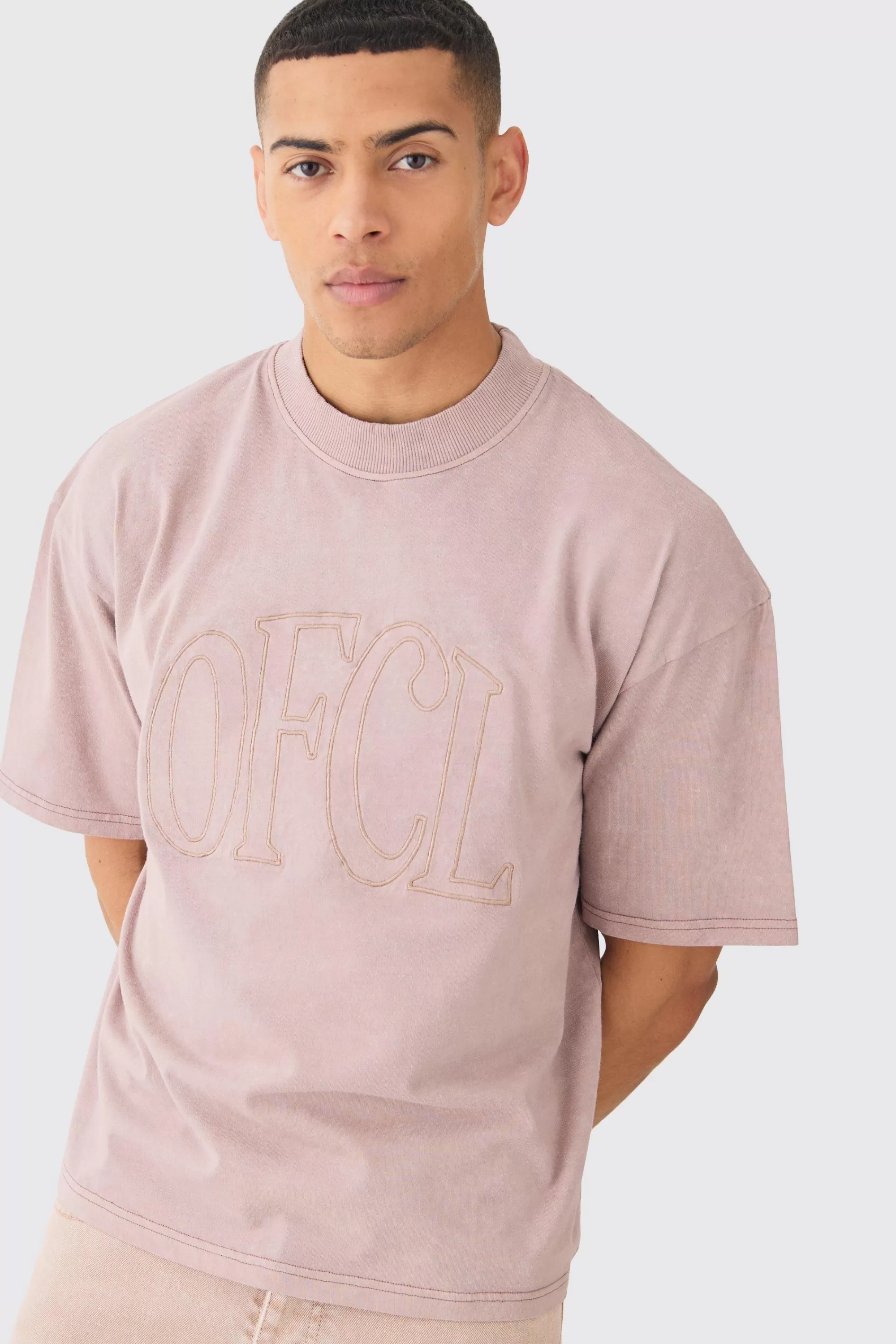 boohooMAN Loose Fit Boxy Acid Wash Ofcl Embroidered T-shirt | UK dusky pink Online