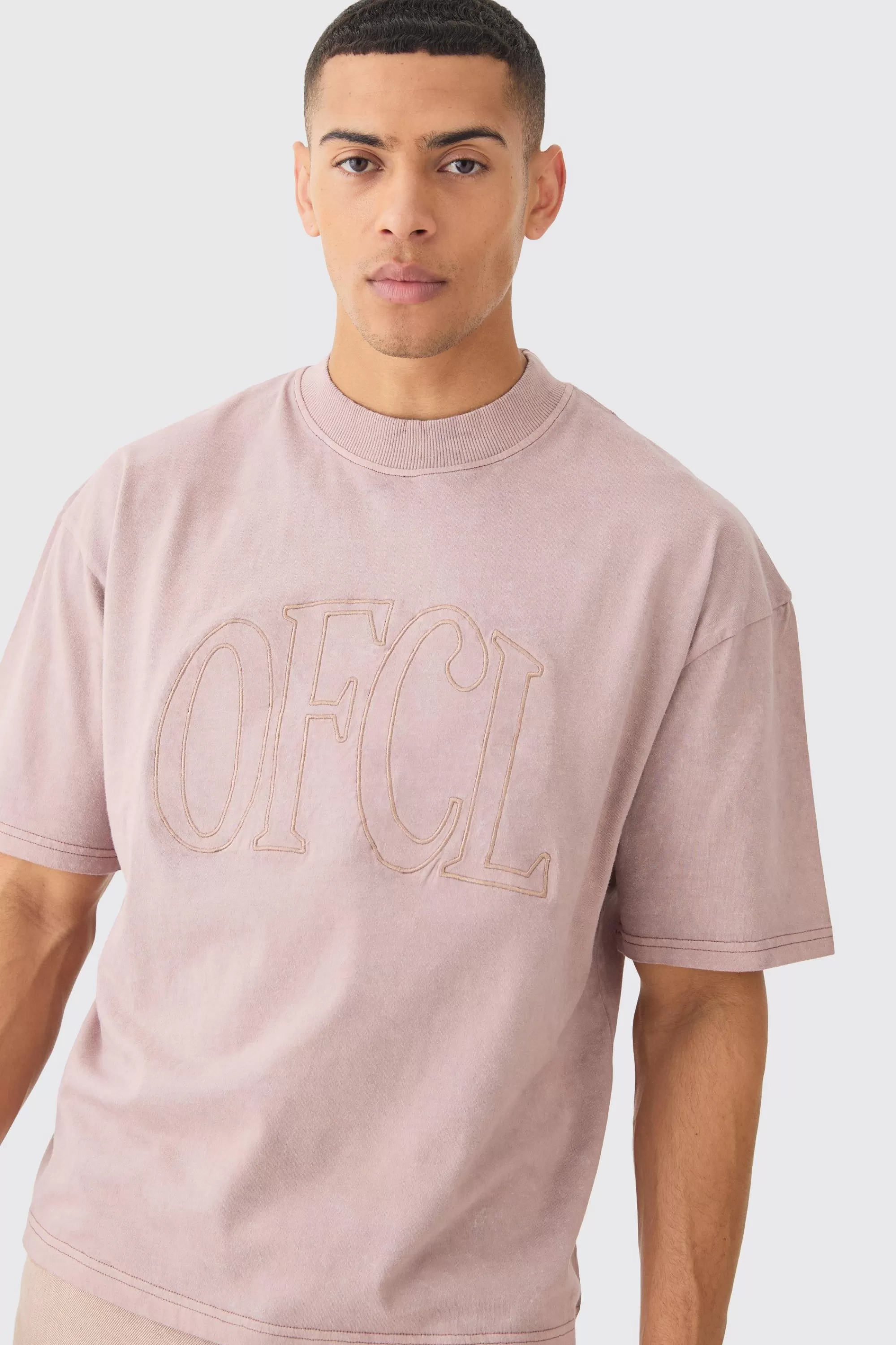 boohooMAN Loose Fit Boxy Acid Wash Ofcl Embroidered T-shirt | UK dusky pink Online