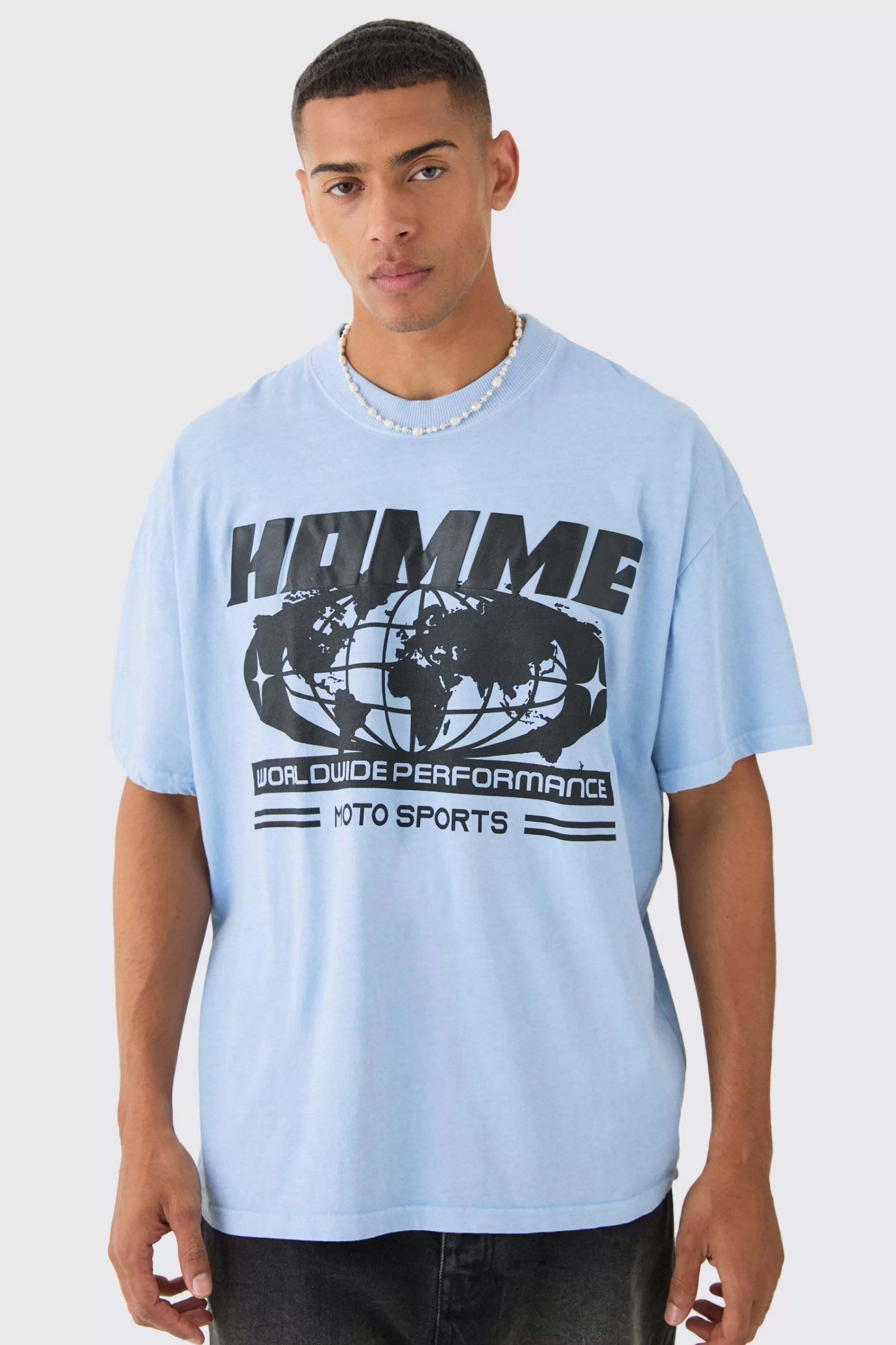 boohooMAN Loose Homme Global Wash Print T-shirt | UK dusty blue Best Sale