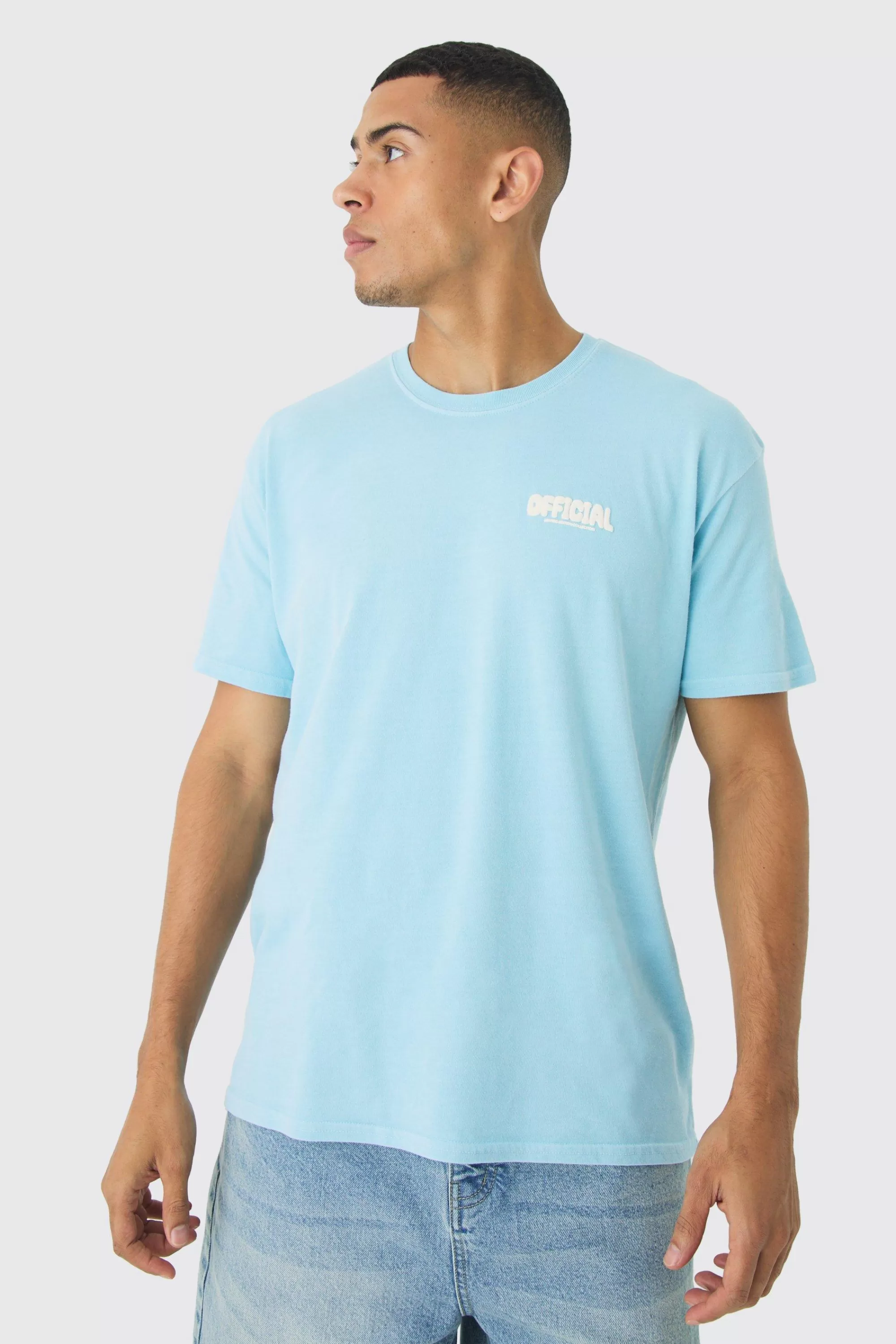 boohooMAN Loose Official Puff Print T-Shirt | UK light blue Shop