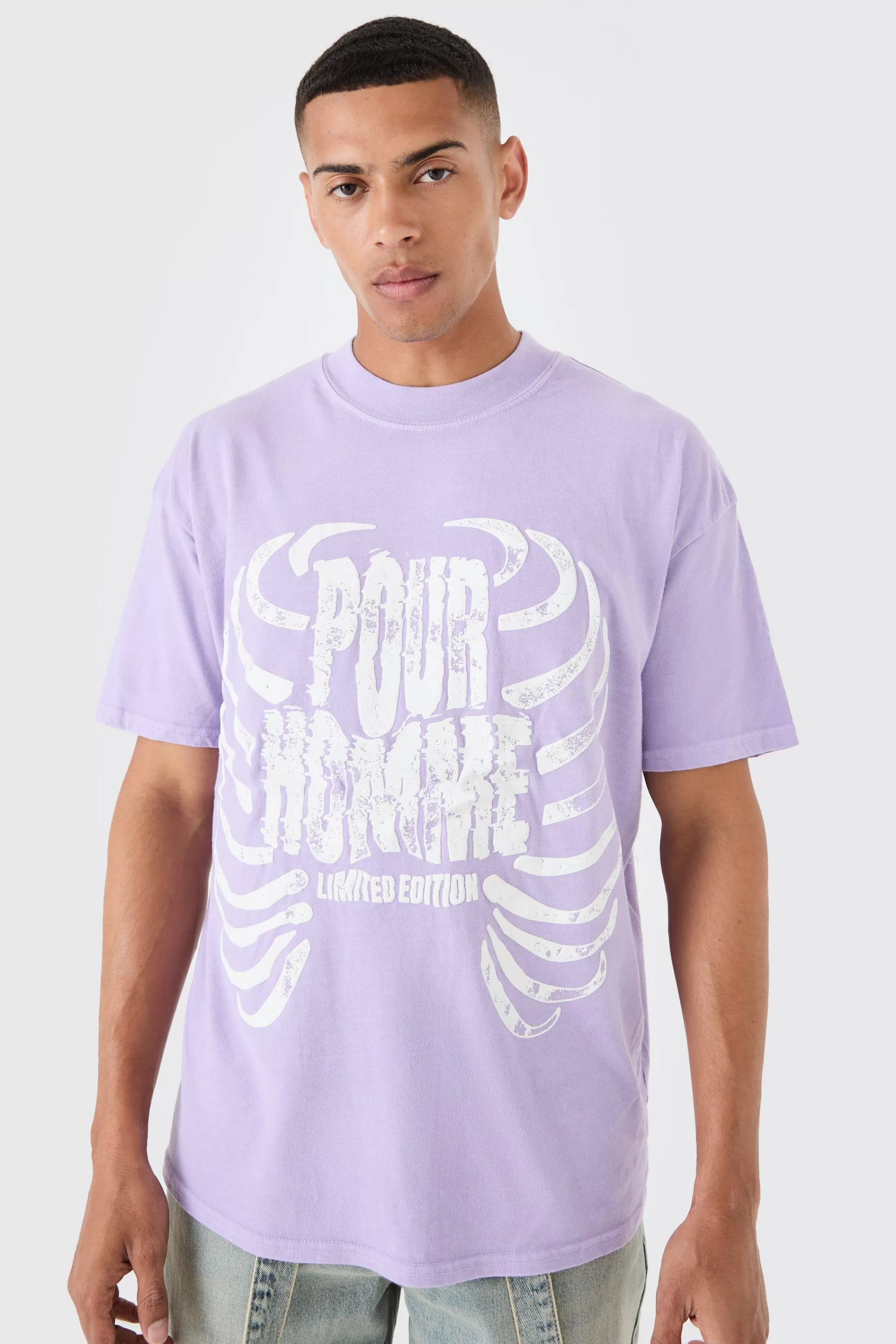 boohooMAN Loose Washed Ribcage Print T-shirt | UK purple Cheap